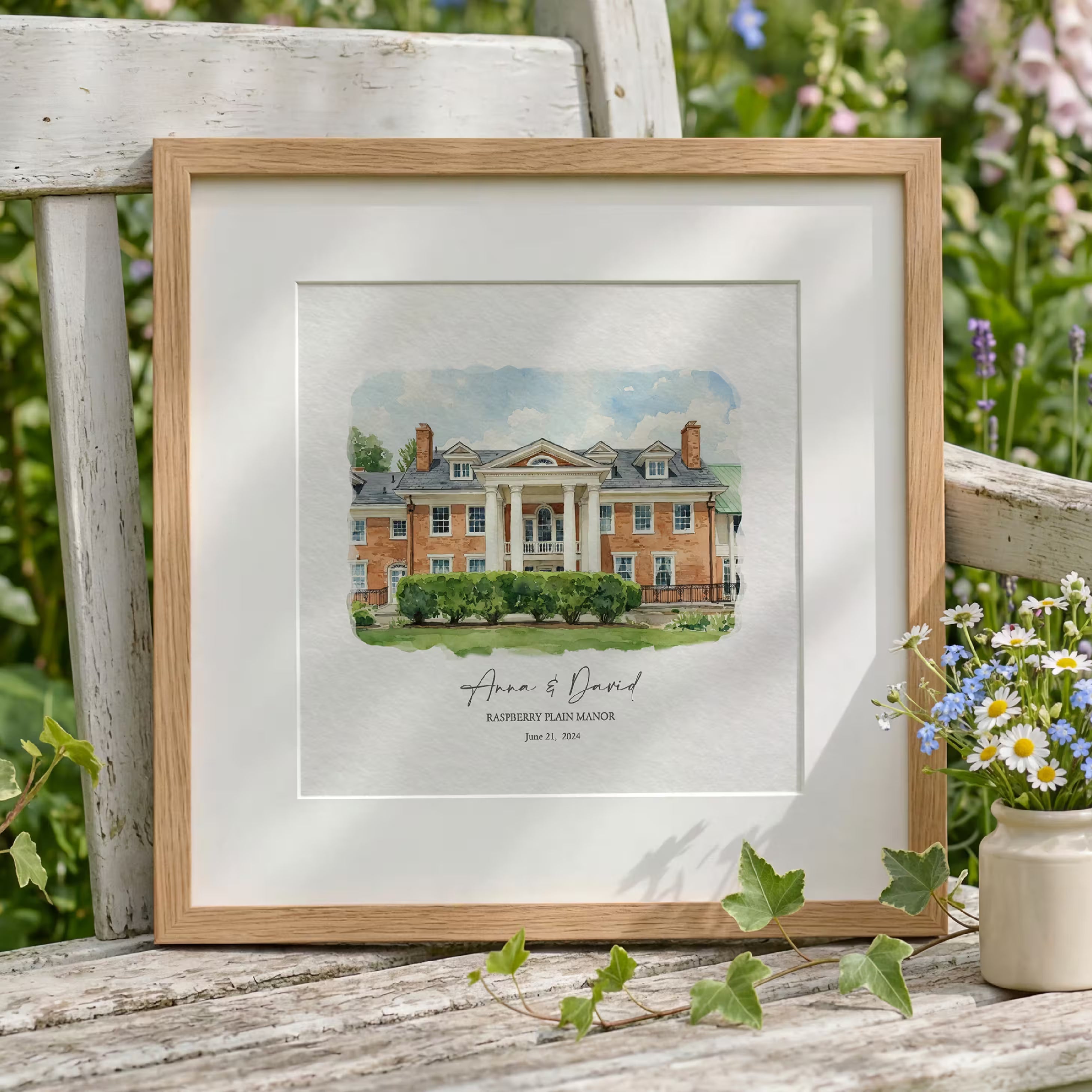 Custom watercolor portrait of Raspberry Plain Manor in a light oak frame, created from your photo and personalized with the couple names and wedding date, a wedding and anniversary gift