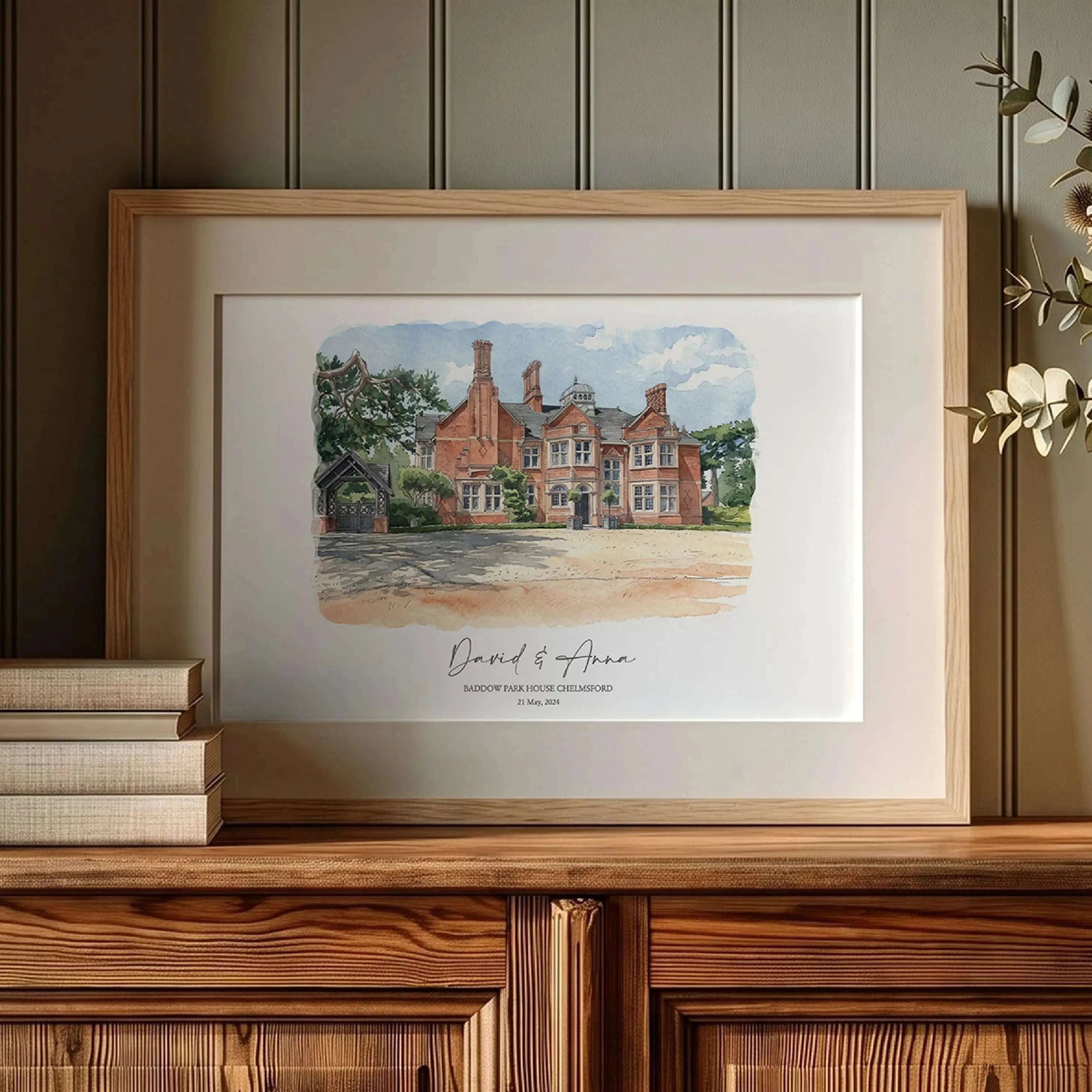 Elegant framed watercolor print of Baddow Park House designed as a personalized wedding anniversary gift, with detailed architectural artwork and timeless neutral interior styling.
