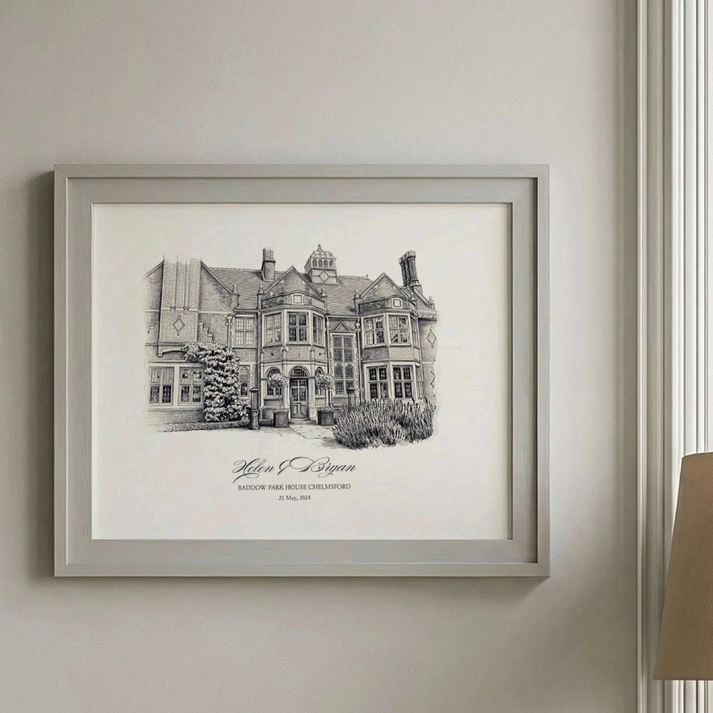 Fine art lime art illustration of a historic English manor house wedding venue, professionally framed with custom names and date, styled as a luxury keepsake wall print.