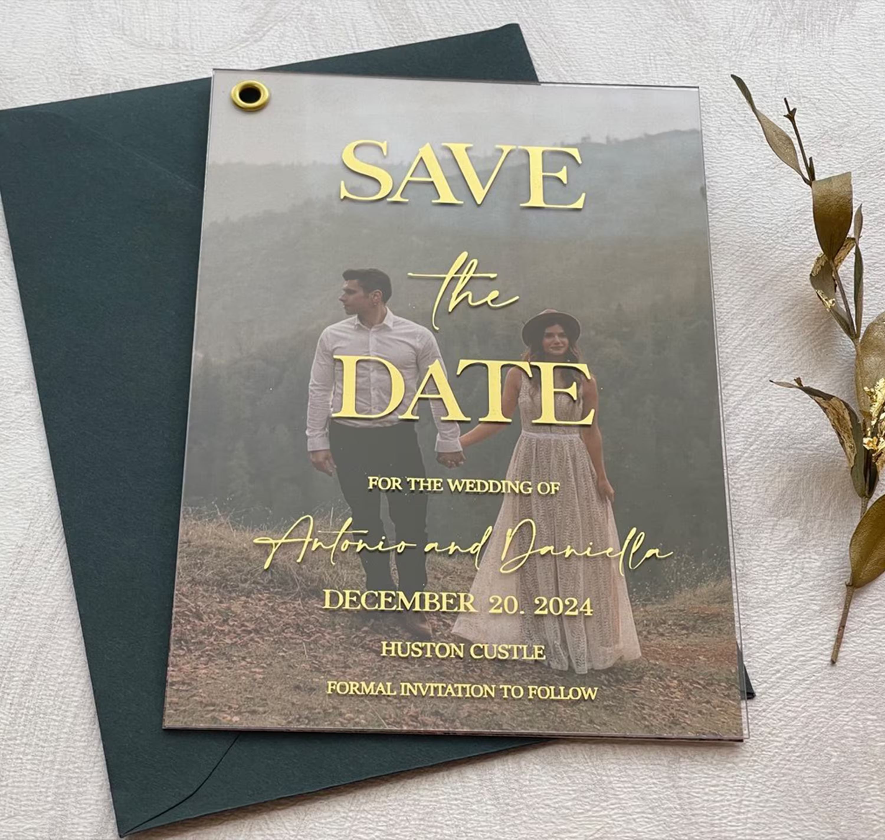 Acrylic Save the Date photo card with personalized wedding details