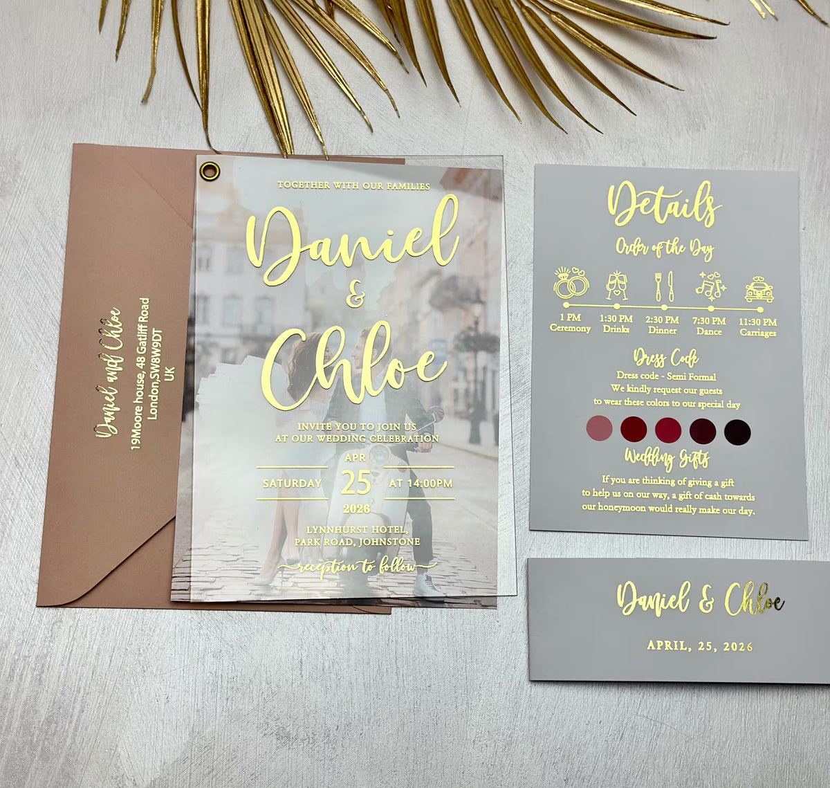 Acrylic wedding invitations with photo and foil lettering, shown with details card and RSVP card