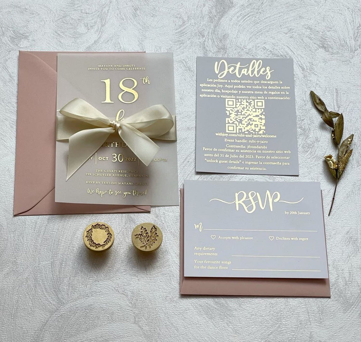 Adult birthday invitations on vellum with foil details, a personalized invitation that works for any age and celebration.