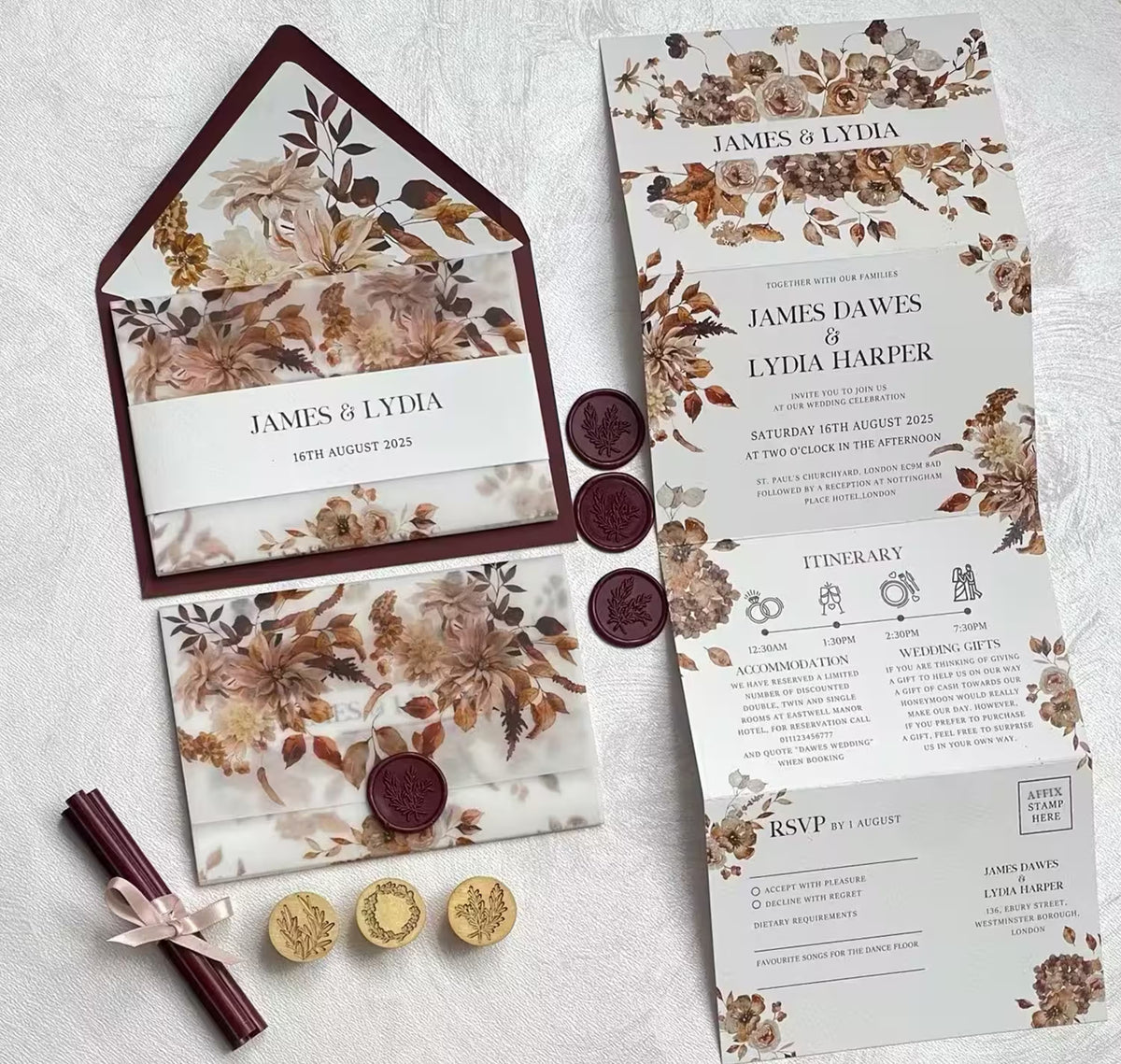 All in one wedding invitations concertina suite open showing fall floral design with ceremony and reception details