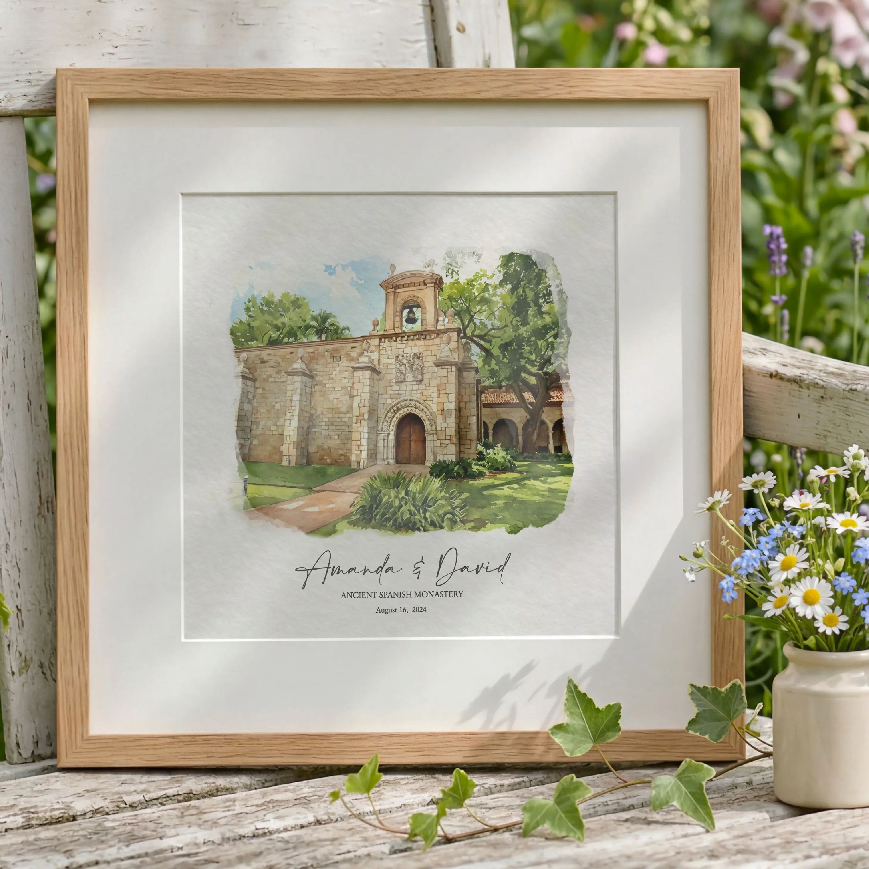 Hand-illustrated Ancient Spanish Monastery North Miami Beach wedding venue watercolor portrait with Romanesque arches and formal gardens