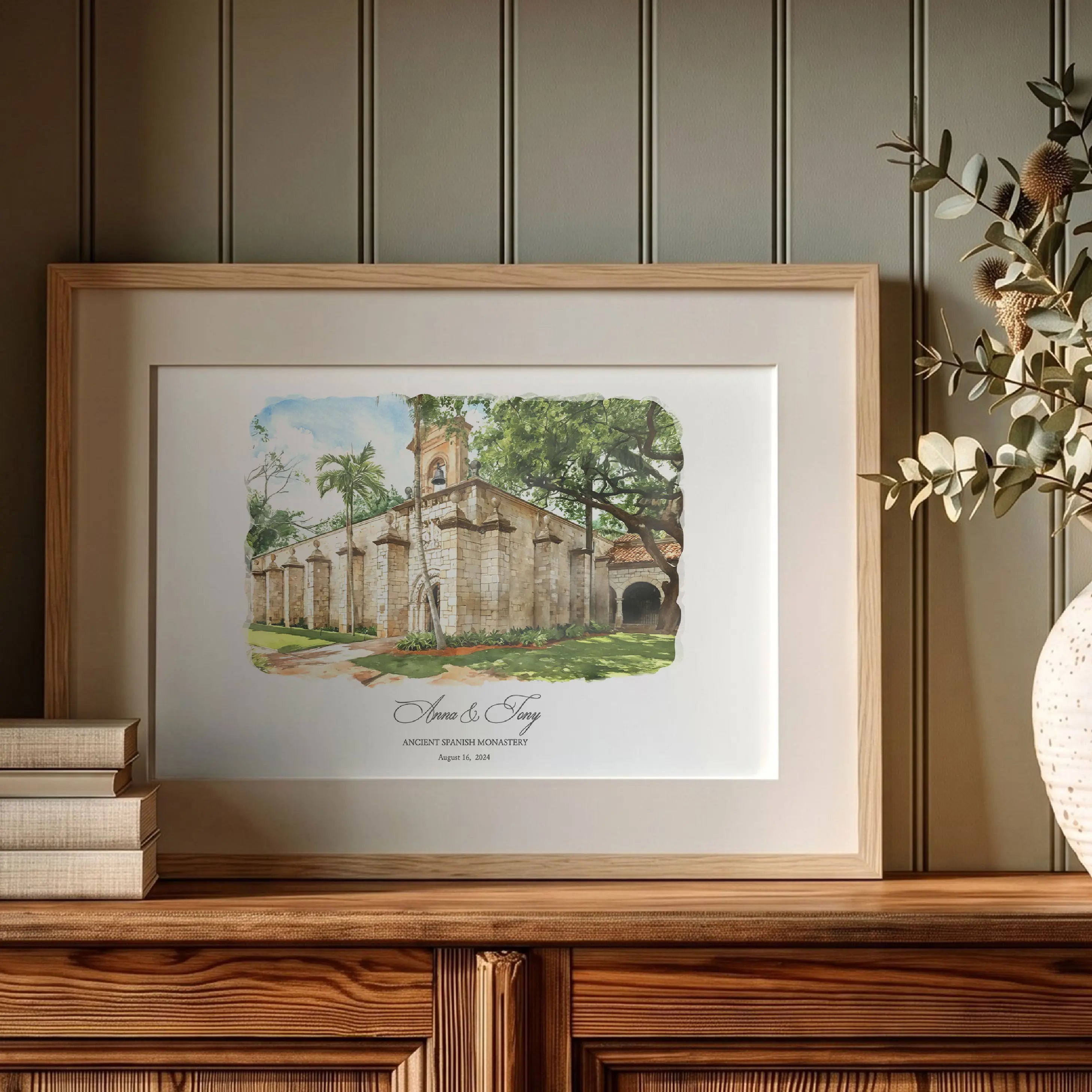 Ancient Spanish Monastery personalized watercolor anniversary gift in modern wood frame