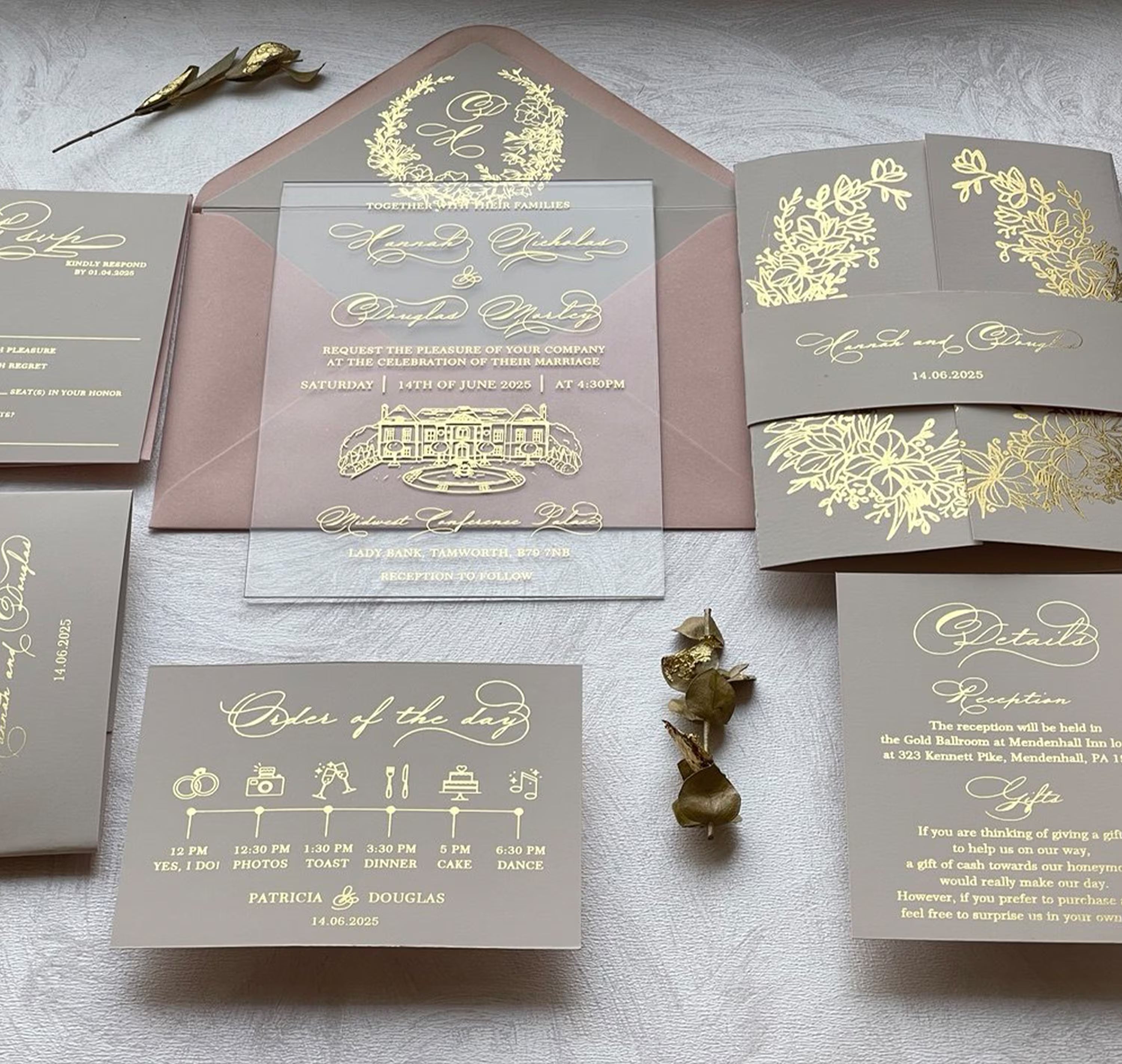 Clear acrylic wedding invitation with gold foil venue sketch and blush vellum lined envelope