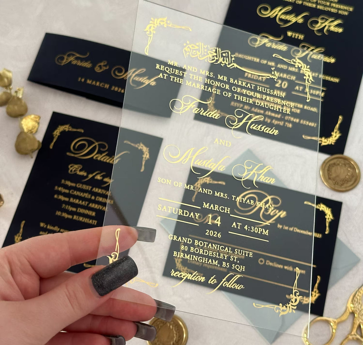 Arabic wedding invitations on acrylic with optional belly band, envelope and wax seals