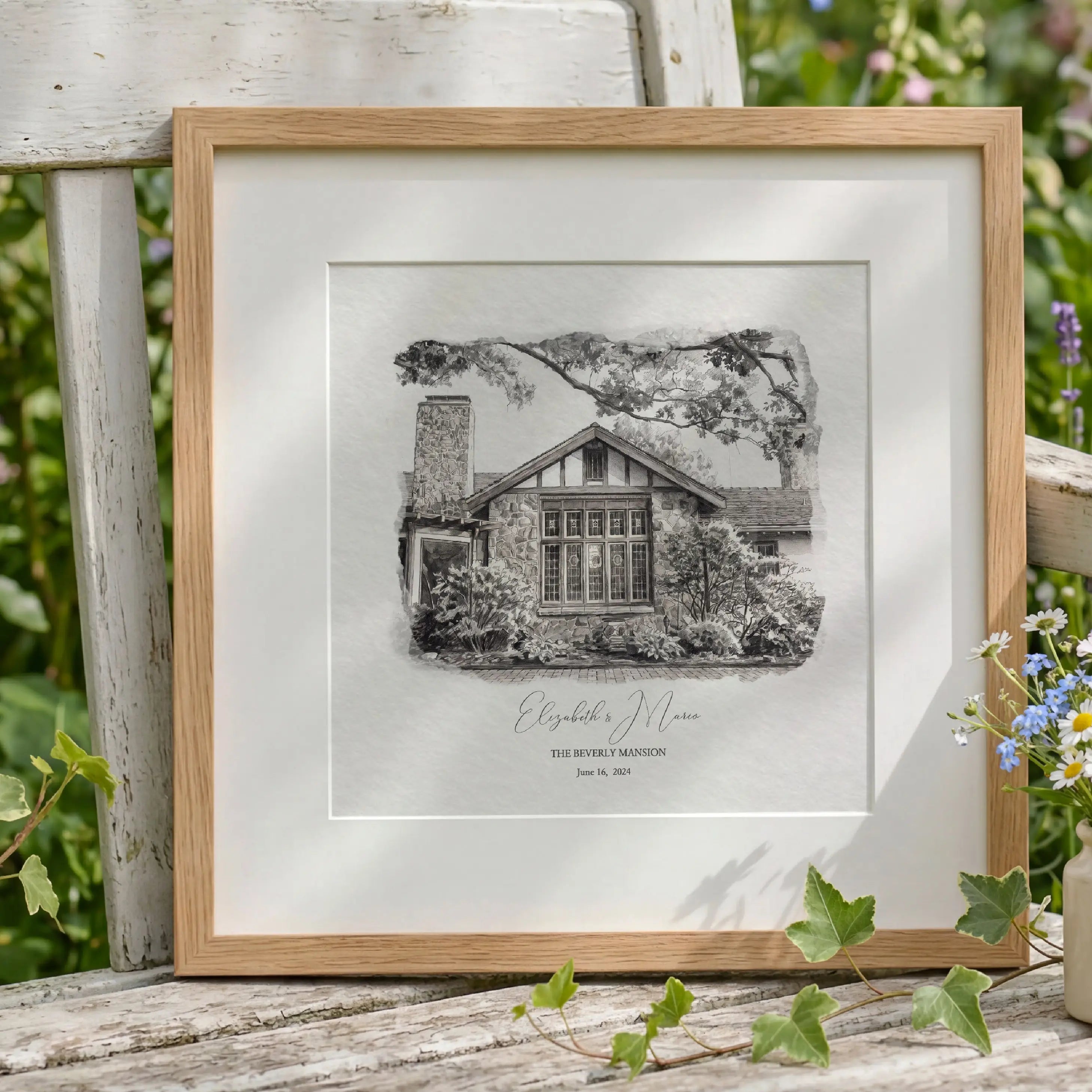 Beverly Mansion Ohio wedding venue line art illustration personalized anniversary gift
