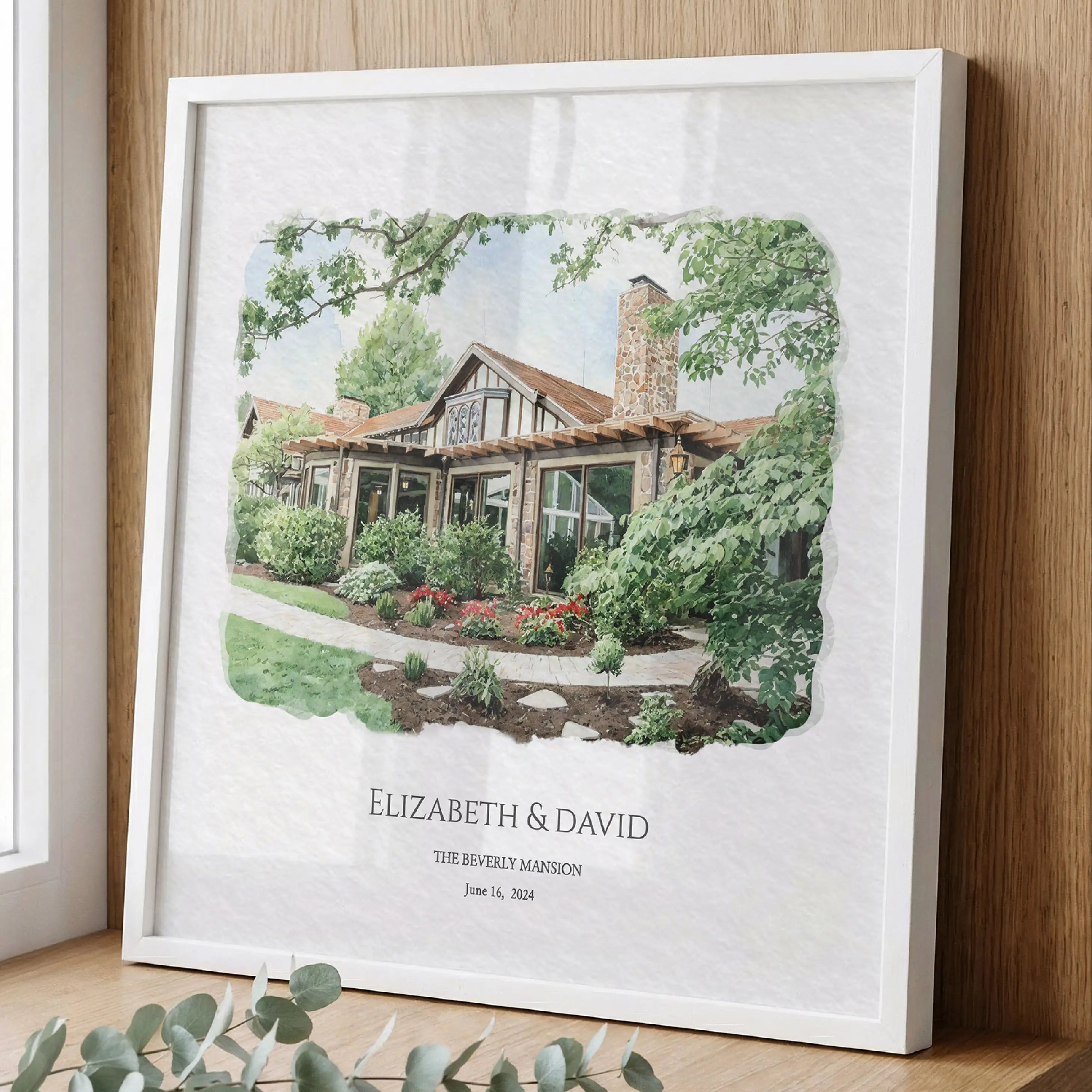 Personalized Beverly Mansion watercolor anniversary gift in gold beaded frame with couple names and wedding date