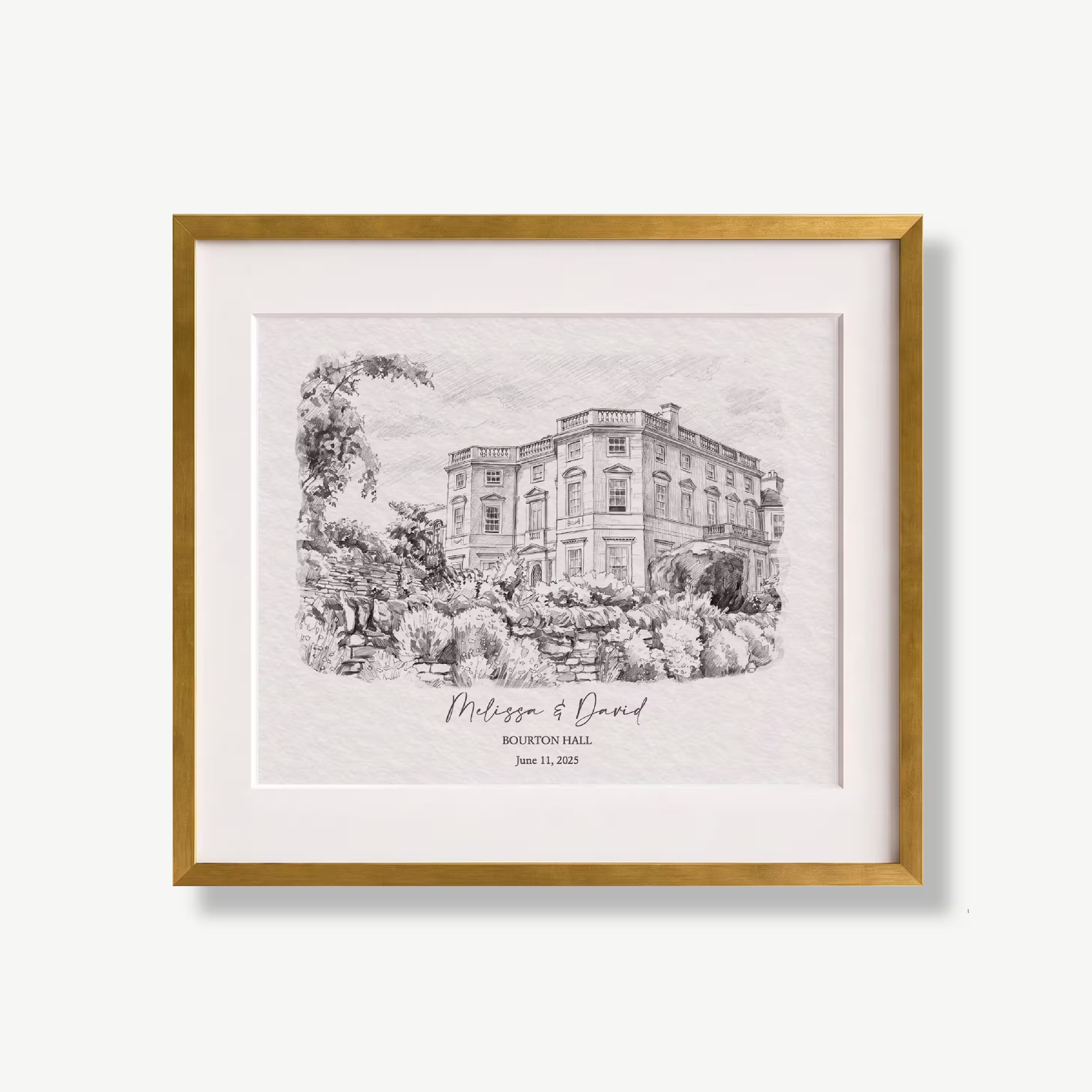 Personalized pencil sketch portrait of Bourton Hall in a gold frame, a graphite portrait of the wedding venue created from your photo, with the couple names and wedding date as a first anniversary gift