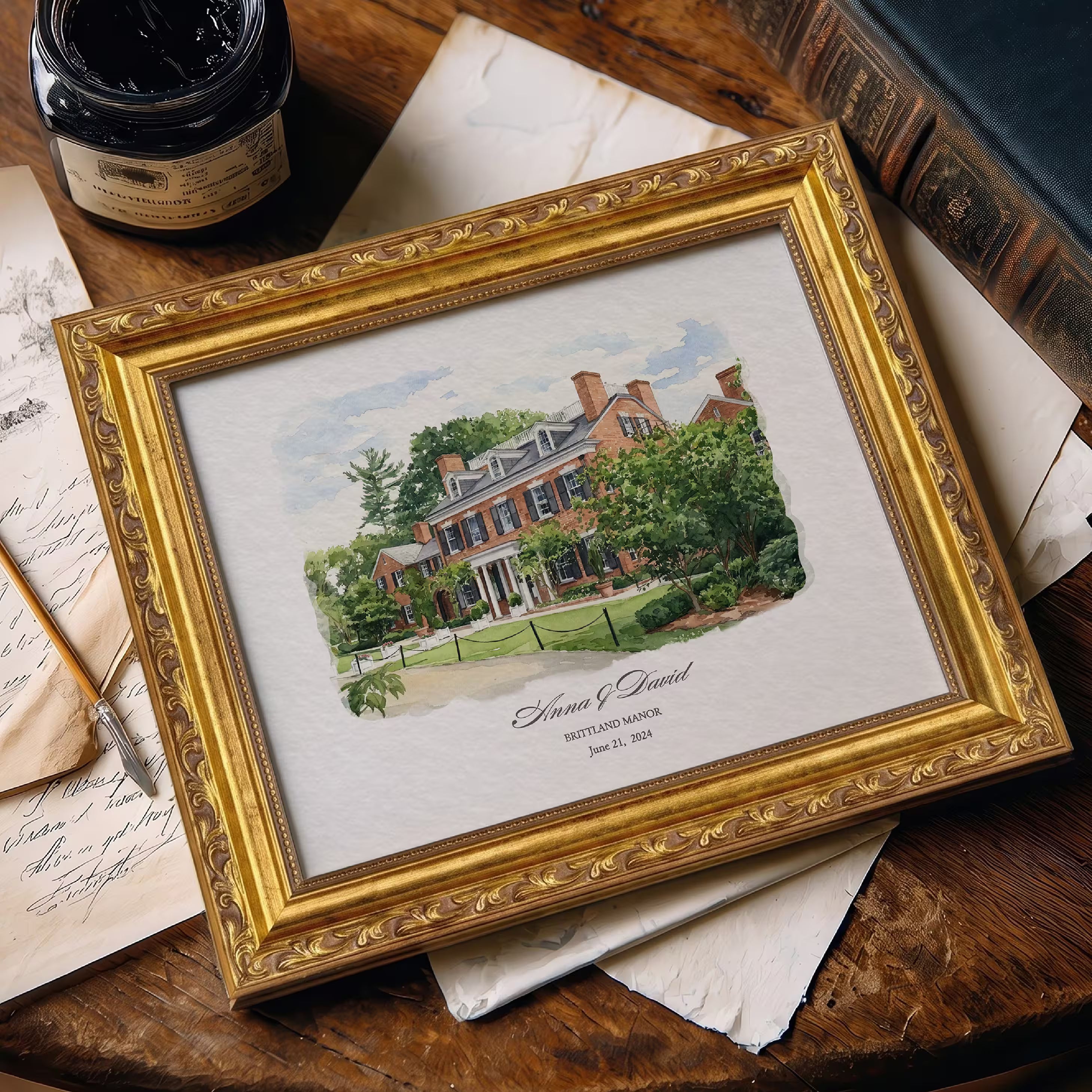 Custom watercolor portrait of Brittland Manor in an ornate gold frame, personalized with the couple names and wedding date, a paper first anniversary gift created from a photo