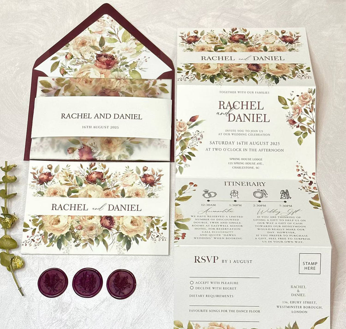 Burgundy floral concertina wedding invitations with vellum jacket and wax seal detail