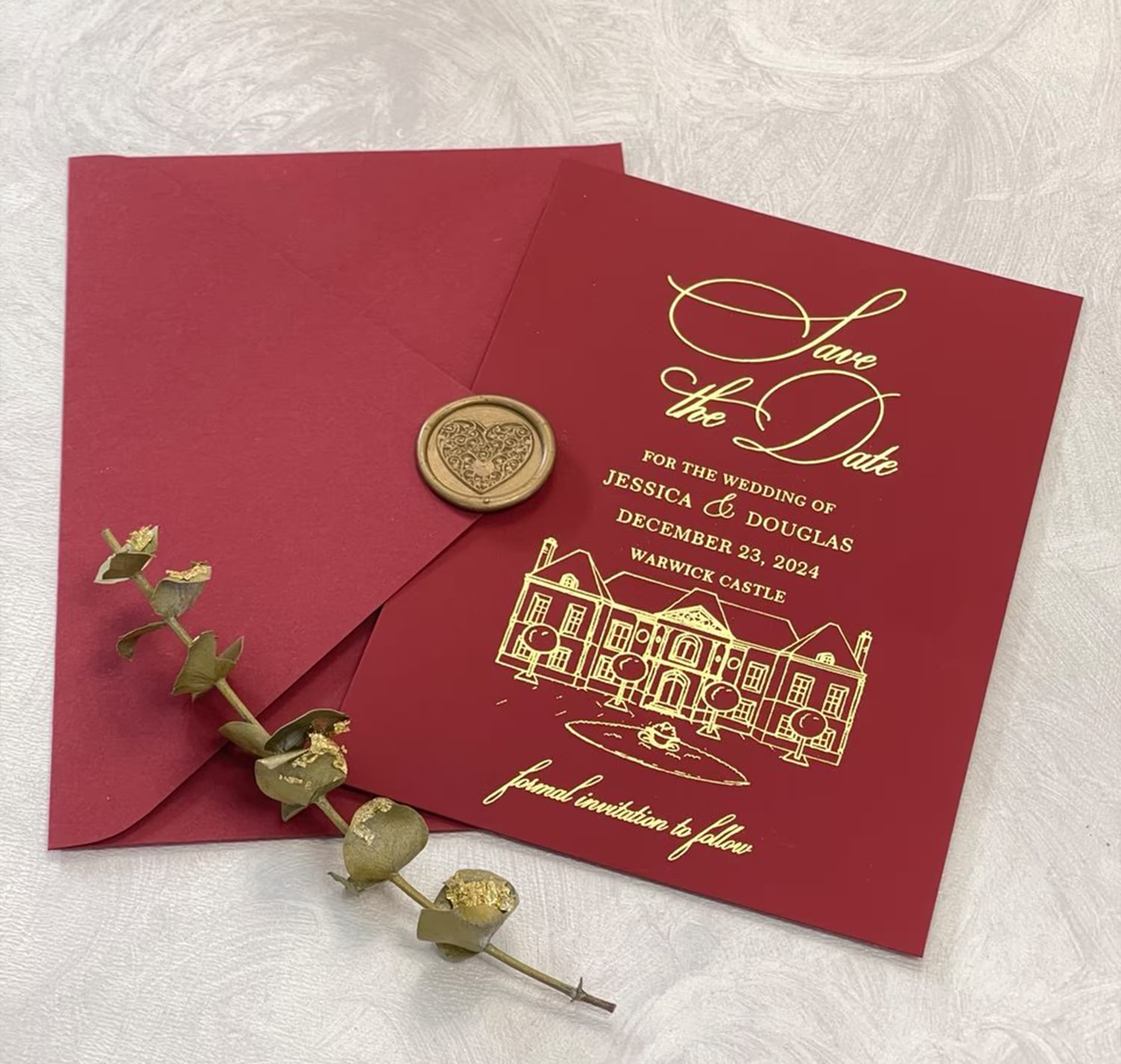 Burgundy Save the Date with personalized venue illustration and elegant script