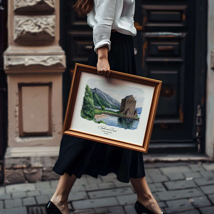 Hand-painted watercolor portrait of Castle Stalker in Appin, Scotland, elegant architectural illustration from photo, meaningful custom artwork and unique gift idea