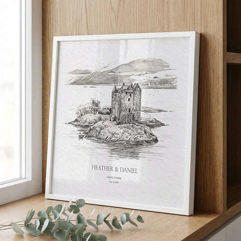 Personalized pencil sketch portrait of Castle Stalker, Appin, Scotland displayed in a modern white frame with custom wedding names and date.