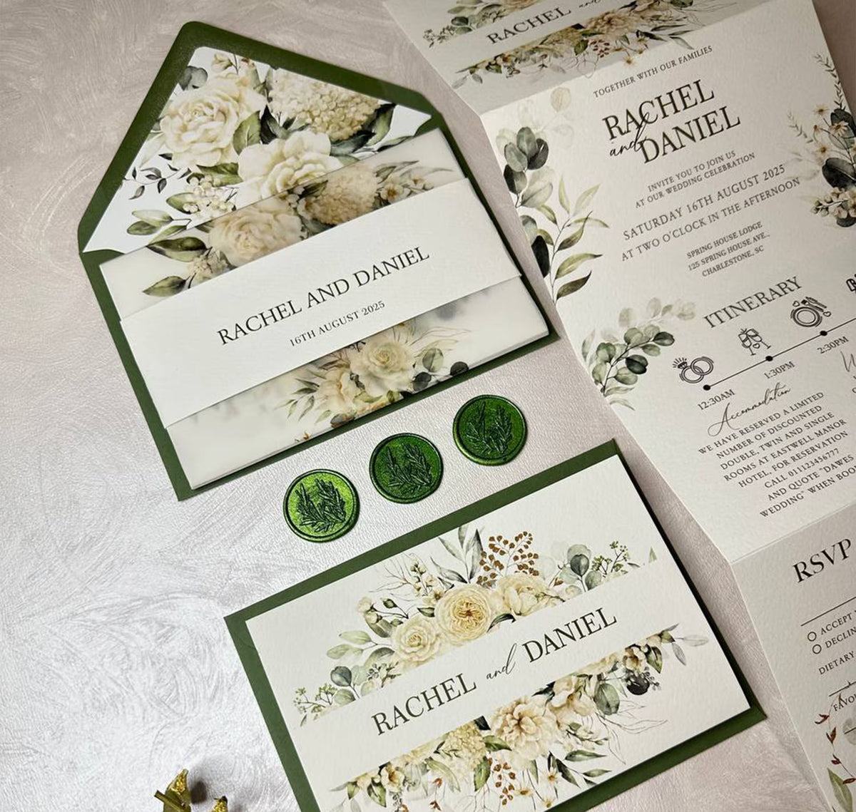 Concertina wedding invitations vellum jacket personalized with names and wedding date