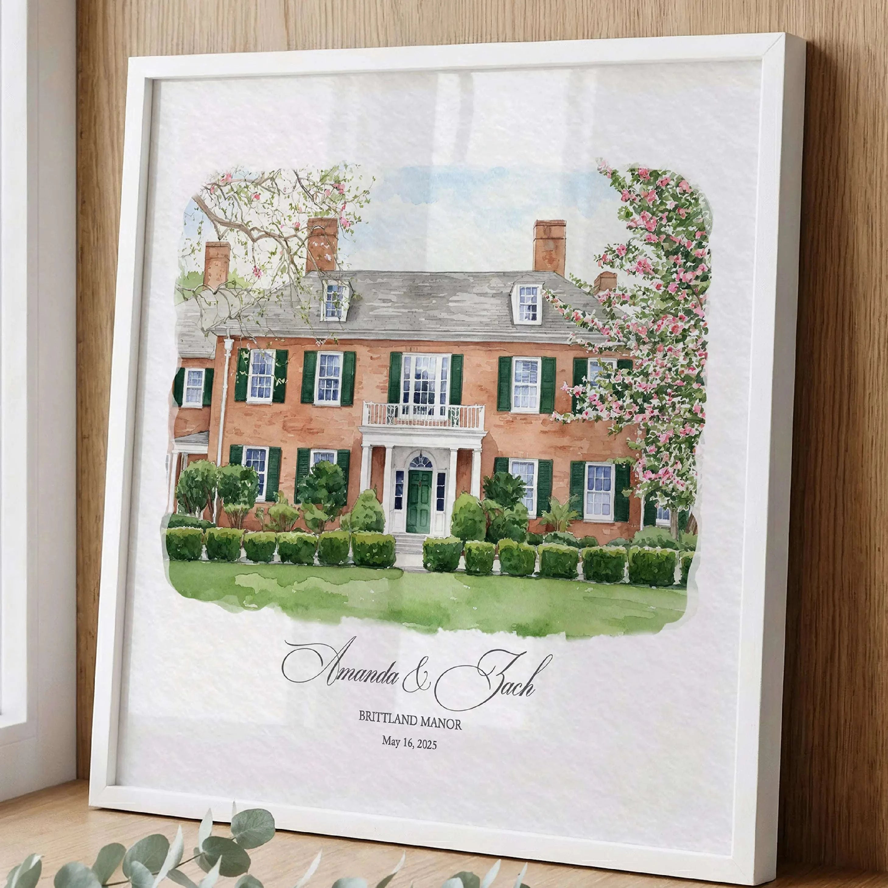 Custom Brittland Manor wedding venue portrait in refined watercolor style with blooming trees and classic brick facade.