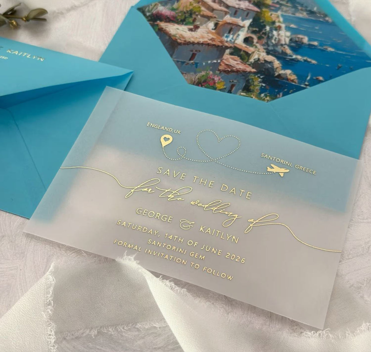 Destination save the date card with personalized photo and vellum