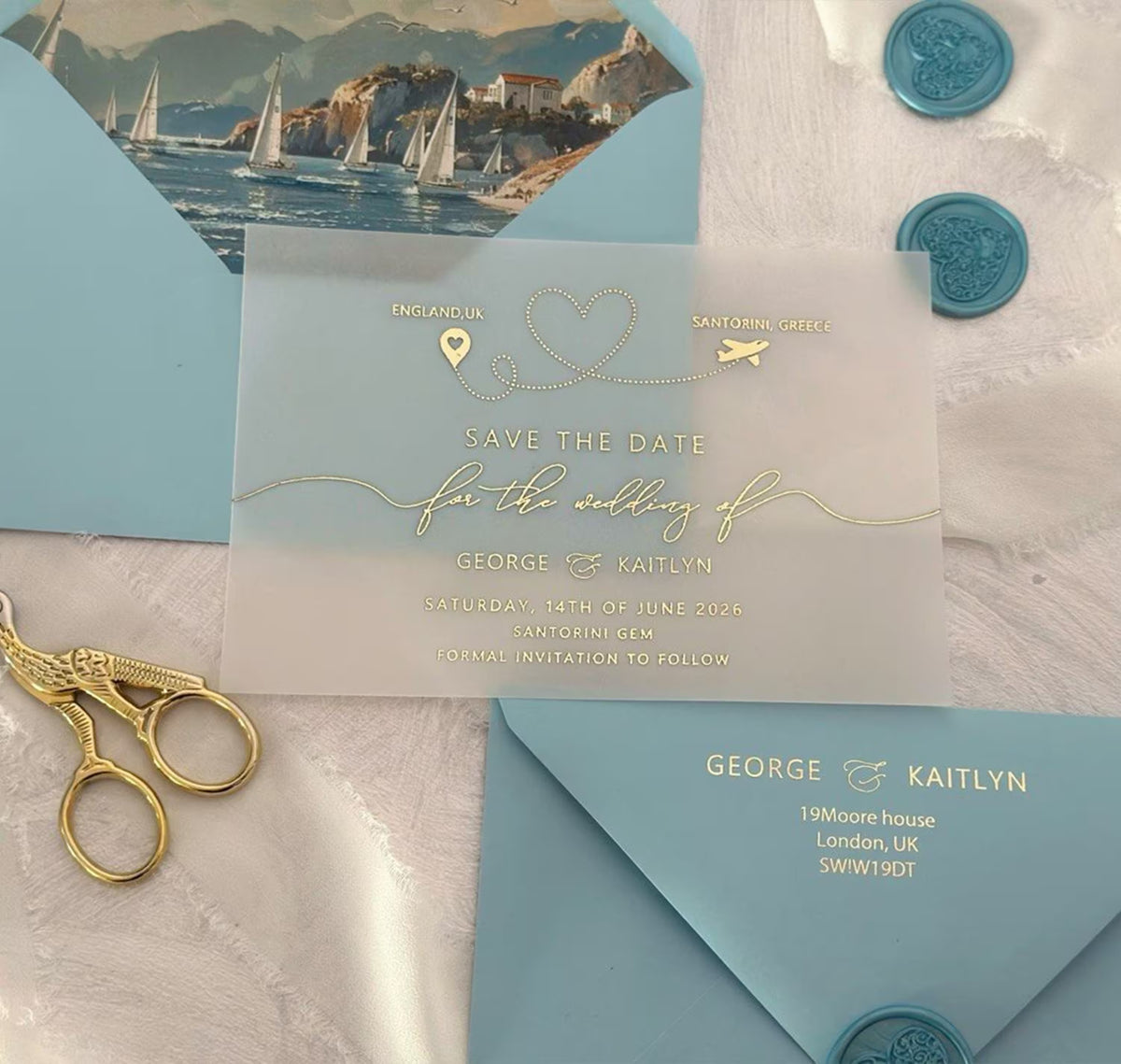 Destination wedding Save the Date card with elegant foil lettering