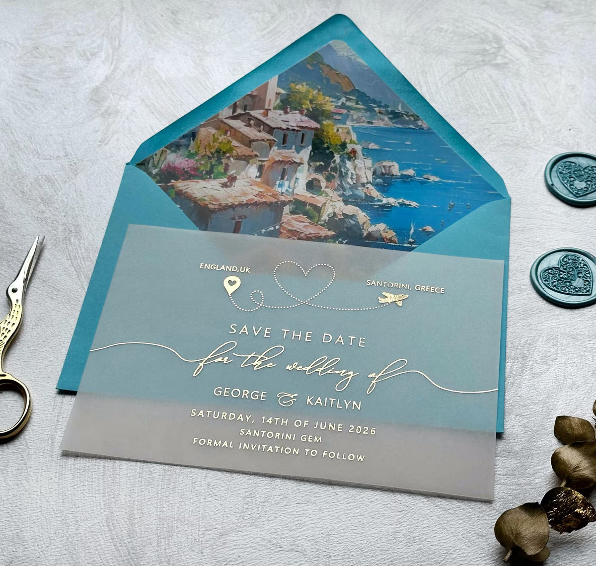 Personalized destination wedding Save the Date with venue photograph