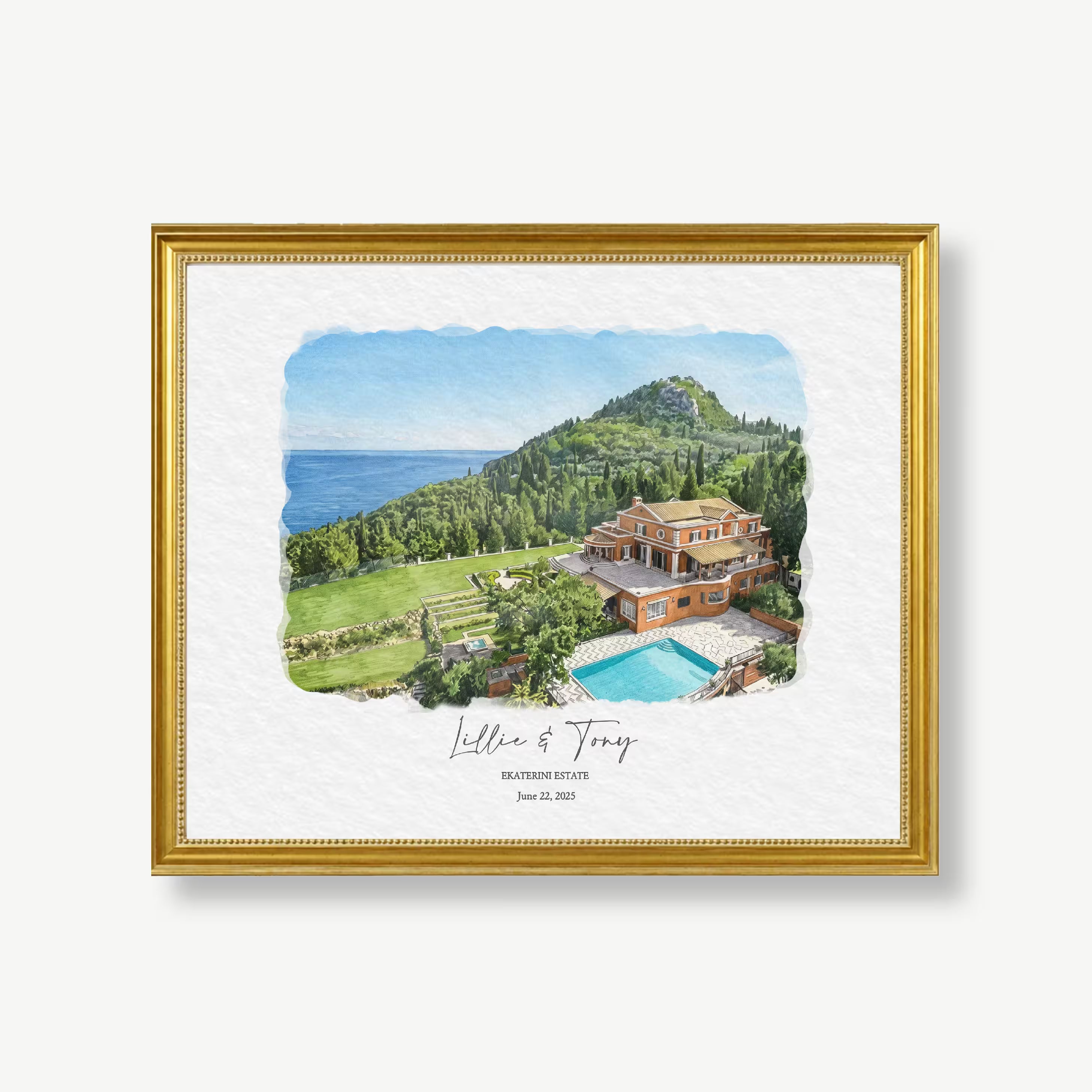 Custom watercolor portrait of Ekaterini Estate, a wedding venue in Corfu, Greece, created as a destination wedding gift and anniversary gift