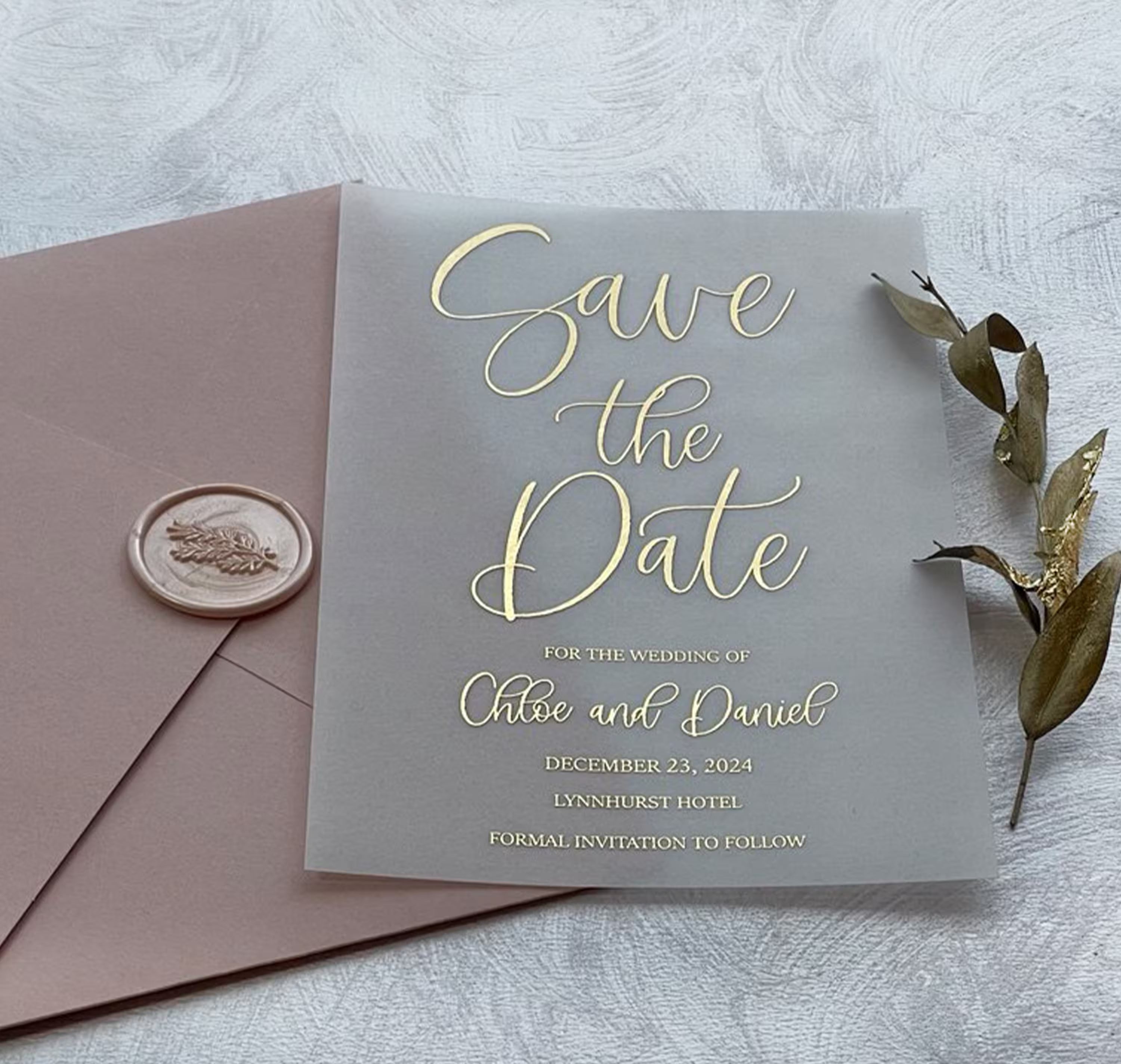 Elegant vellum gold foil Save the Date with personalized wedding details