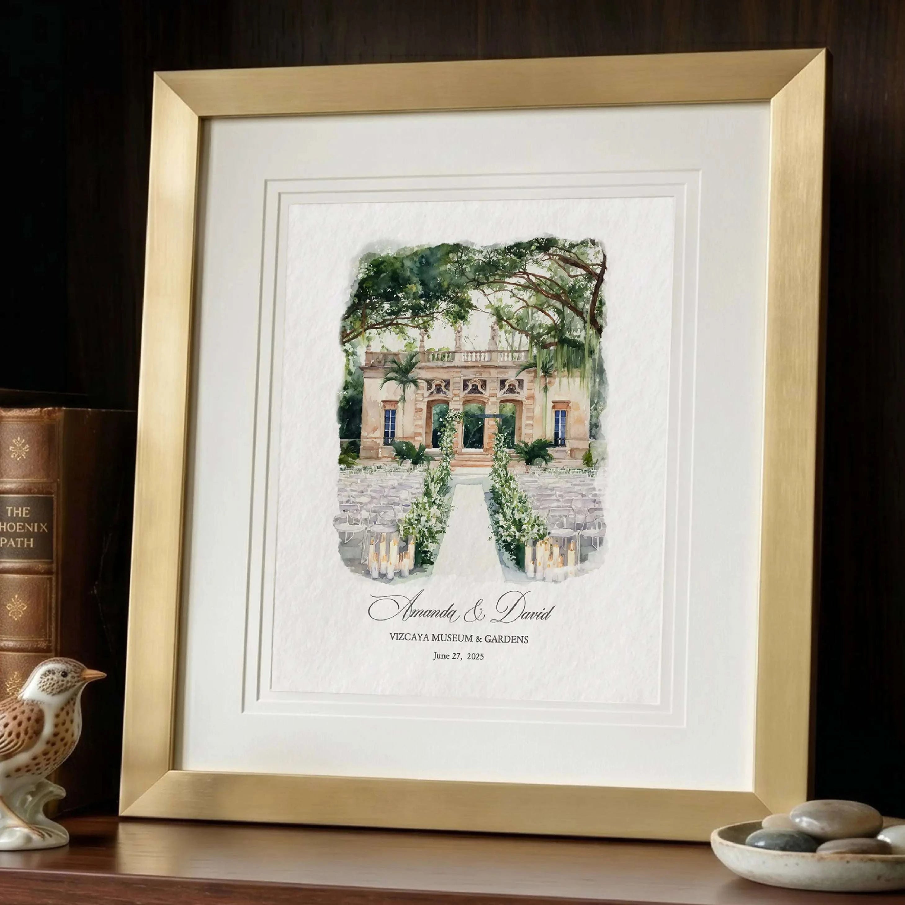 Vizcaya Museum & Gardens watercolor venue portrait, meaningful first anniversary paper gift for couples celebrating their wedding venue