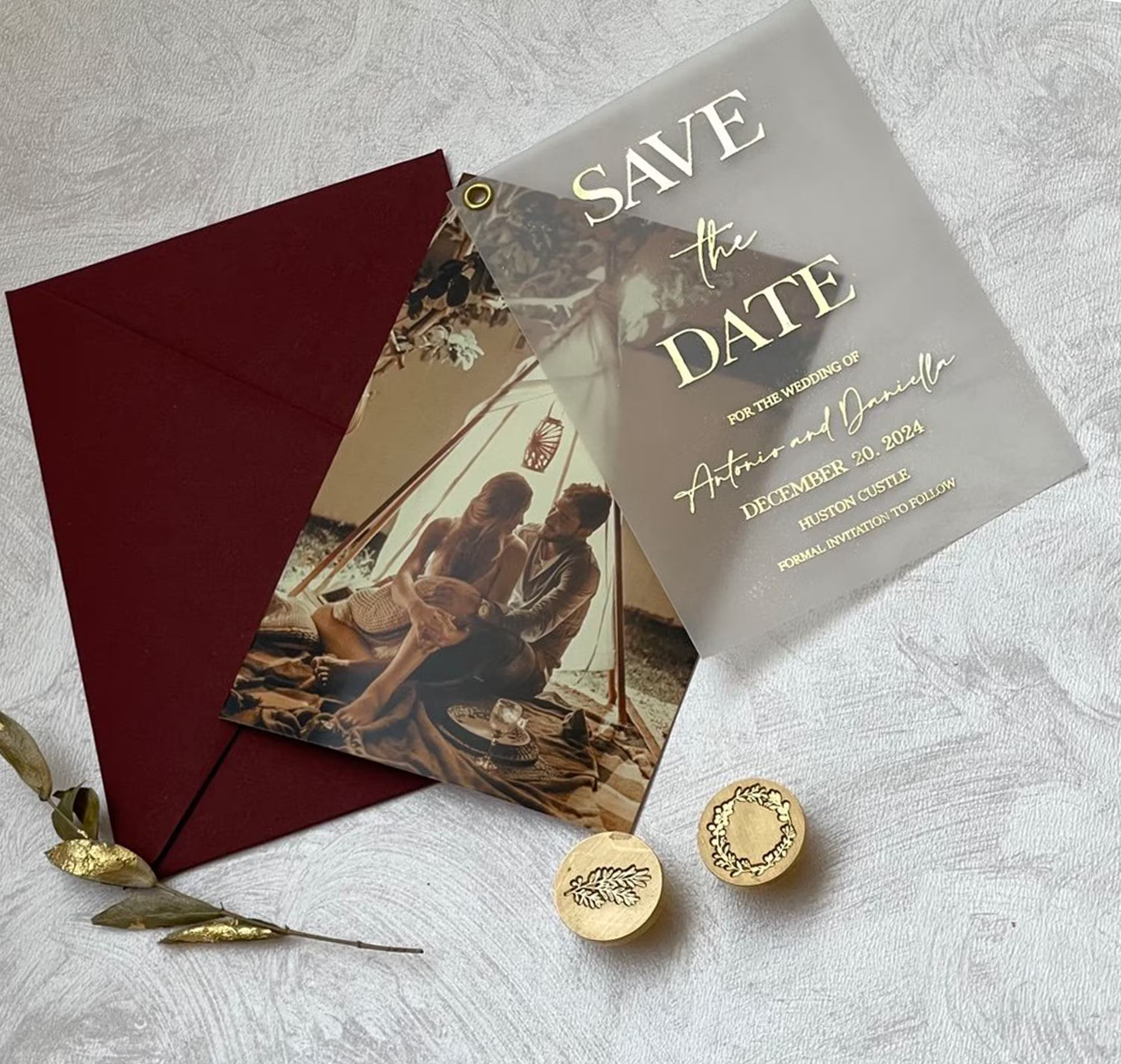Personalized vellum Save the Date with photo, elegant foil lettering, and matching envelope