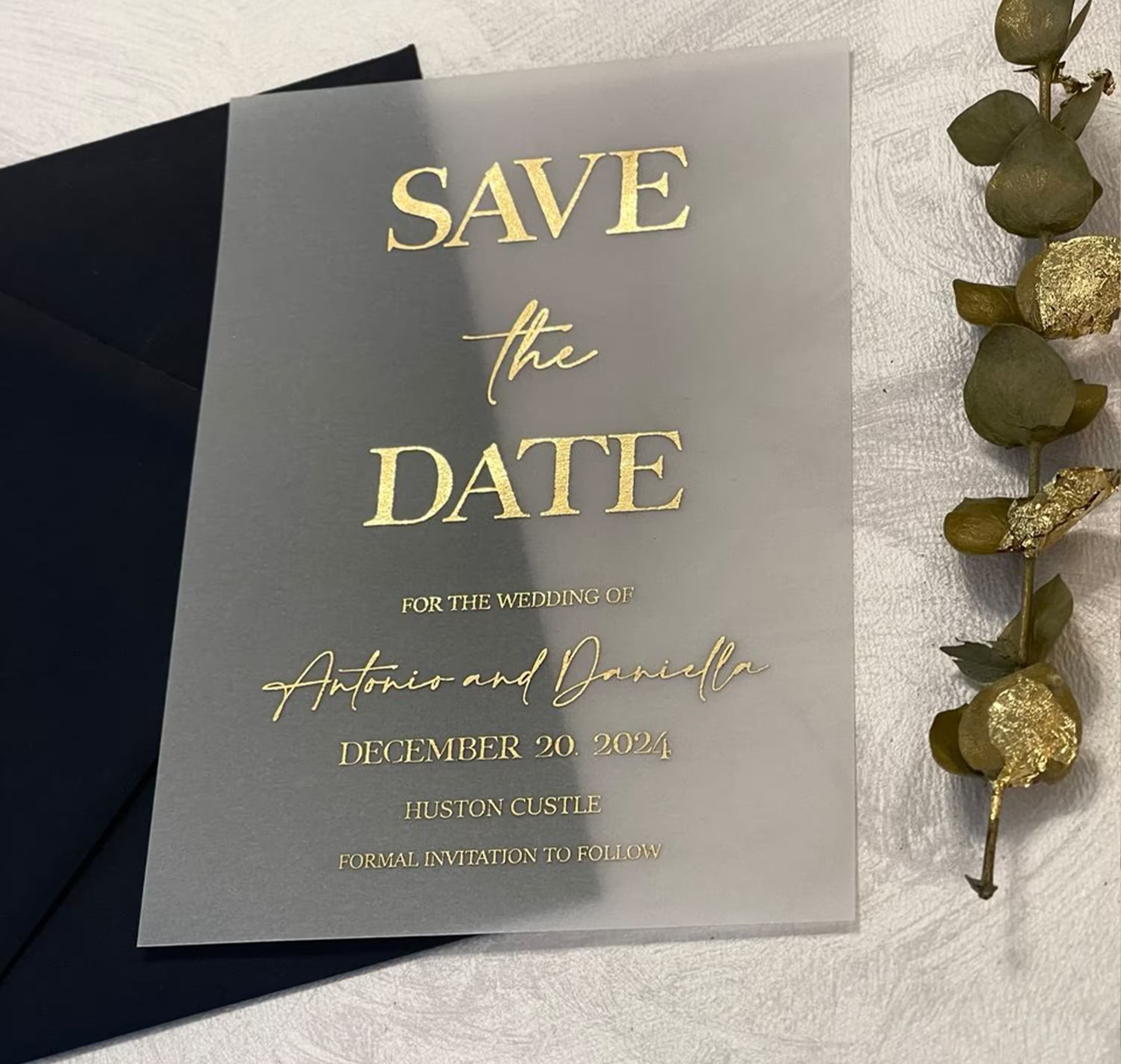 Foil vellum Save the Date with handwritten names and wedding date