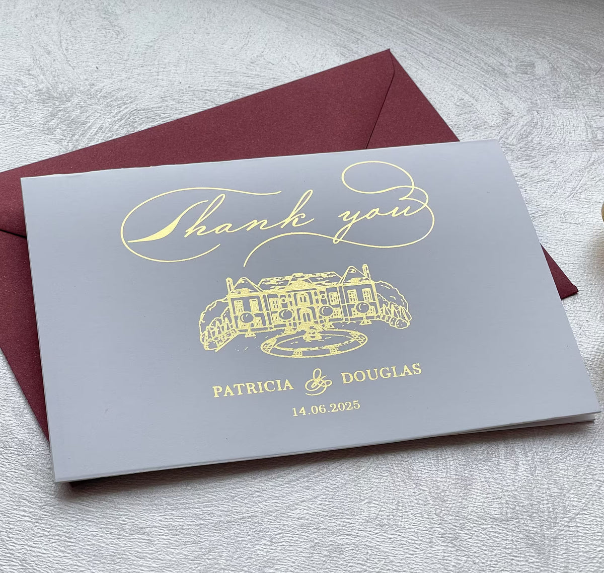 Wedding thank you card with custom venue sketch and personalized foil lettering