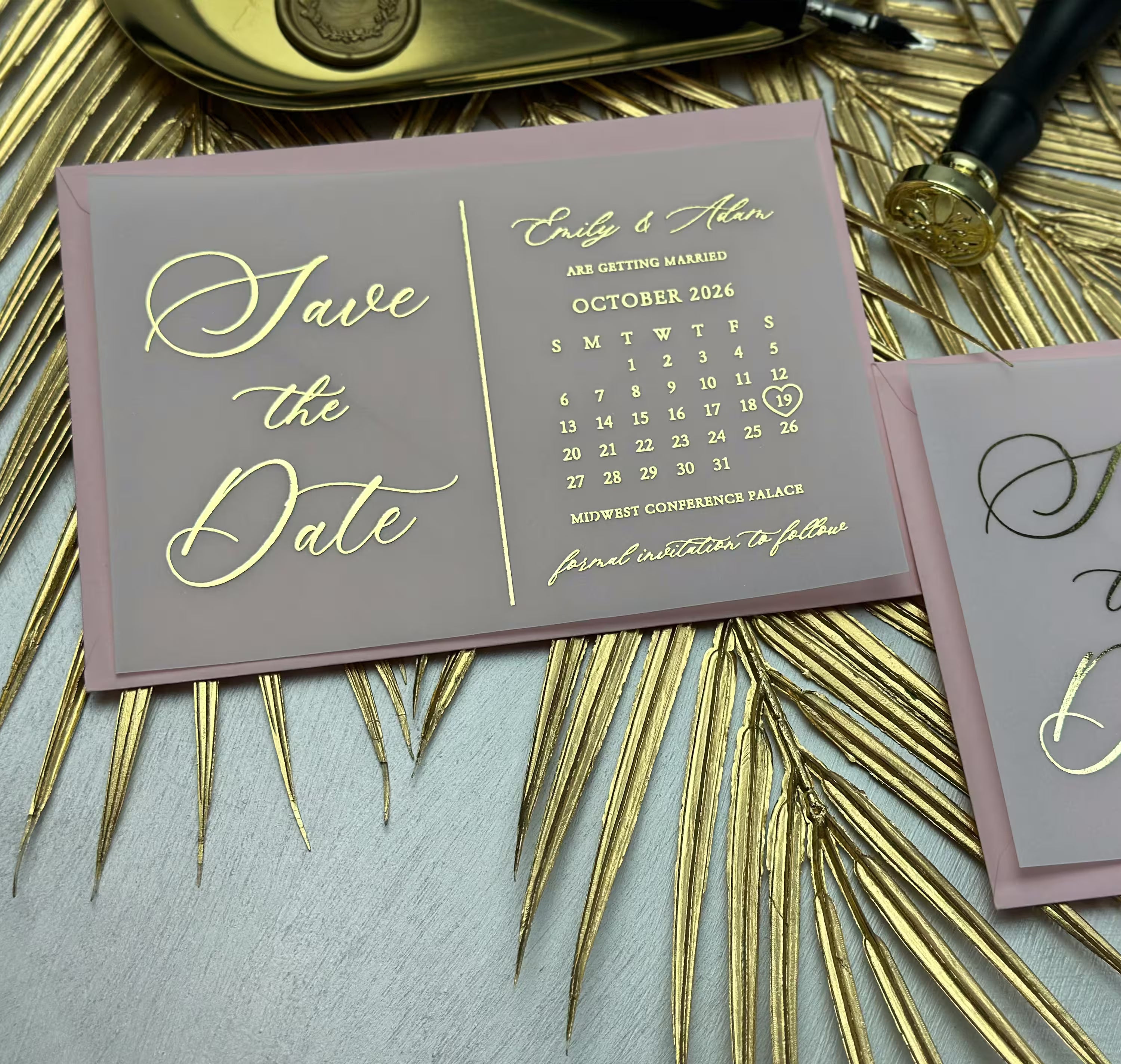 Save the Date wedding calendar with gold foil script on vellum