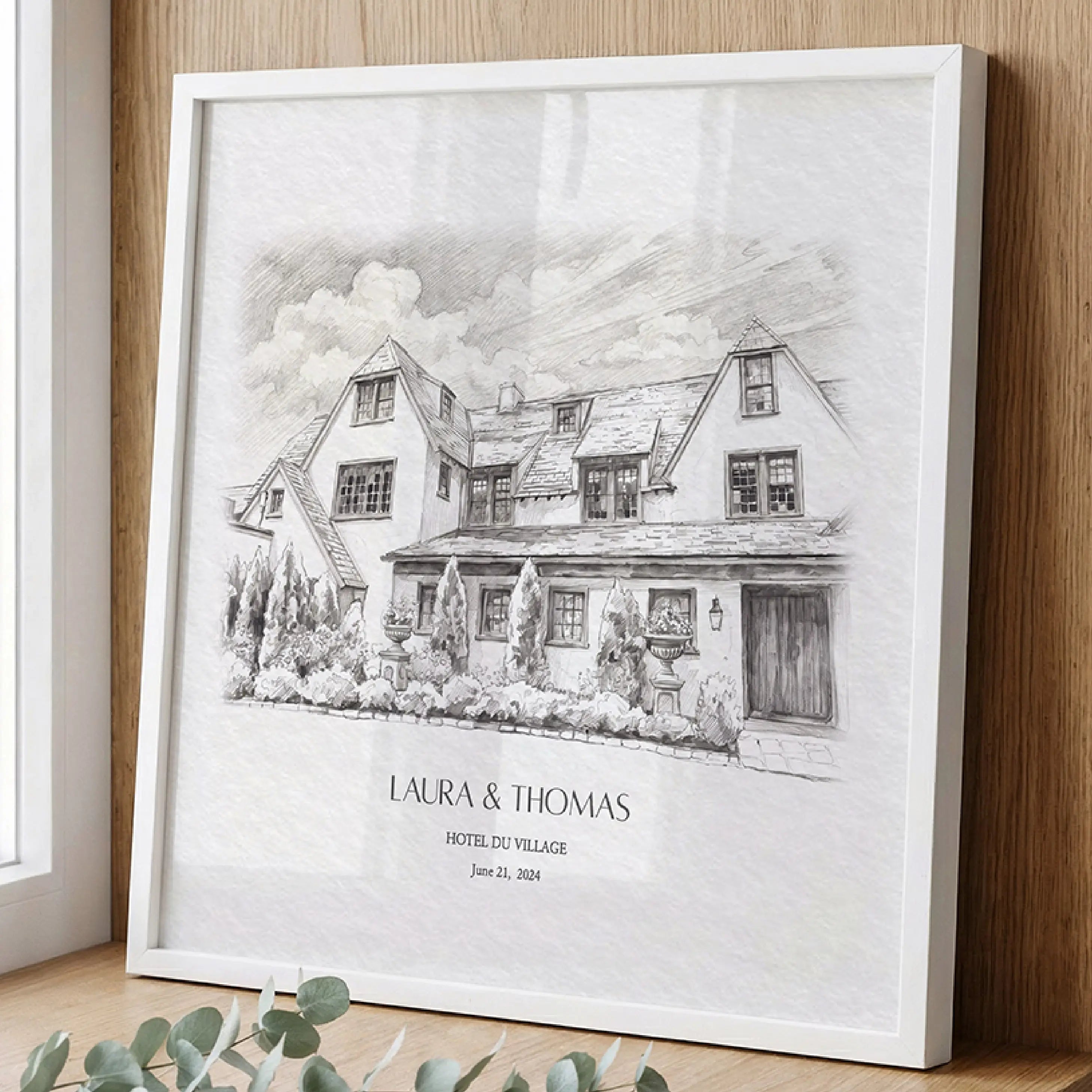 Hotel du Village New Hope Pennsylvania pencil sketch illustration personalized wedding venue anniversary gift