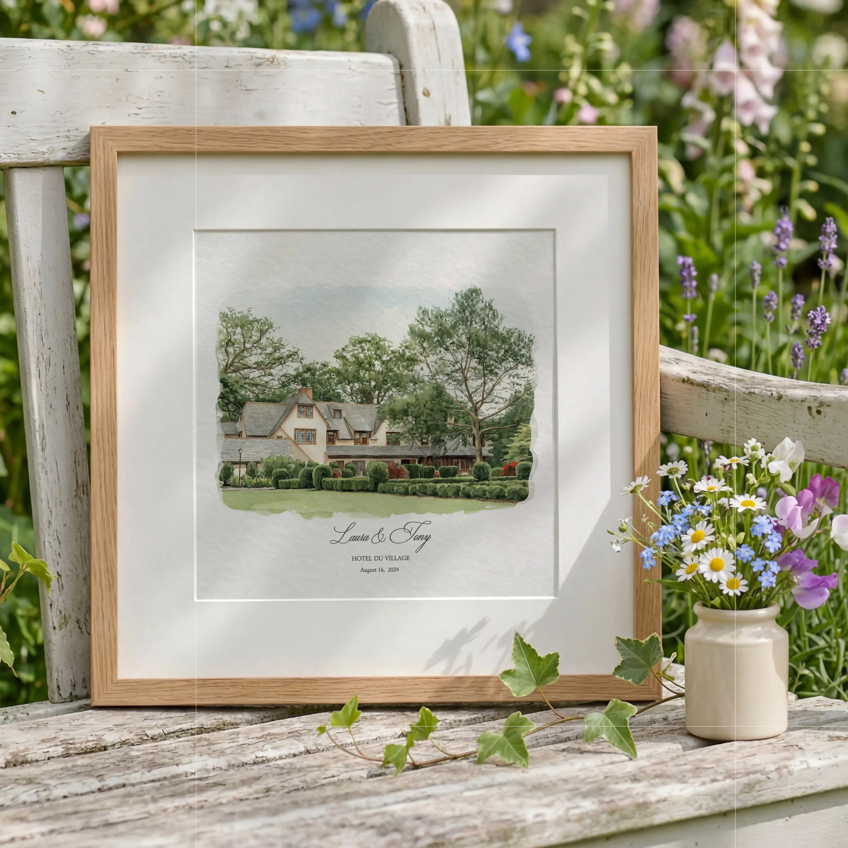 Hand-illustrated Hotel du Village Bucks County Pennsylvania wedding venue watercolor portrait with formal garden and Tudor style architecture