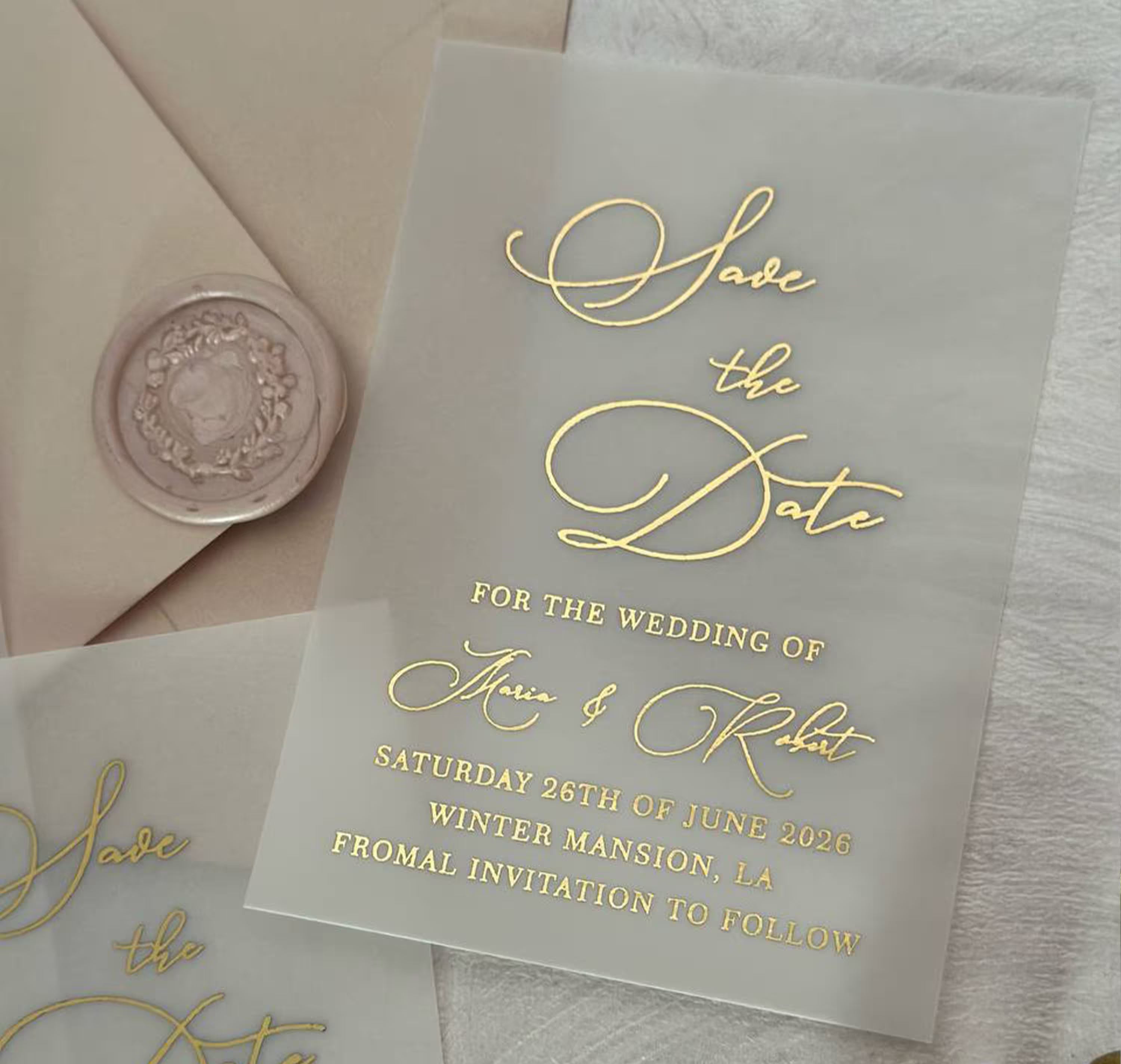 Mini vellum Save the Date card with elegant foil lettering