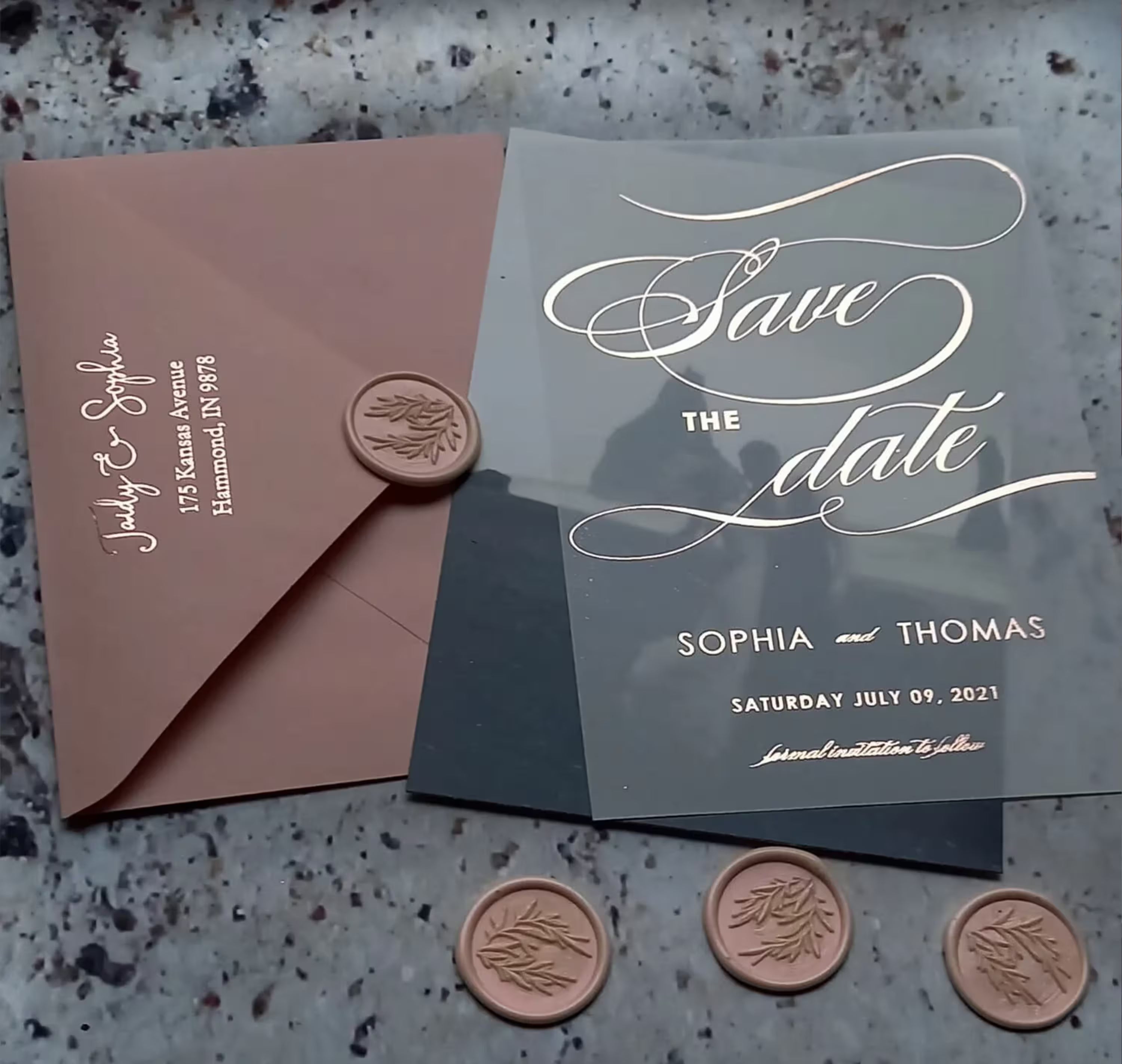 Modern vellum rose gold Save the Date with elegant calligraphy and personalized wedding details