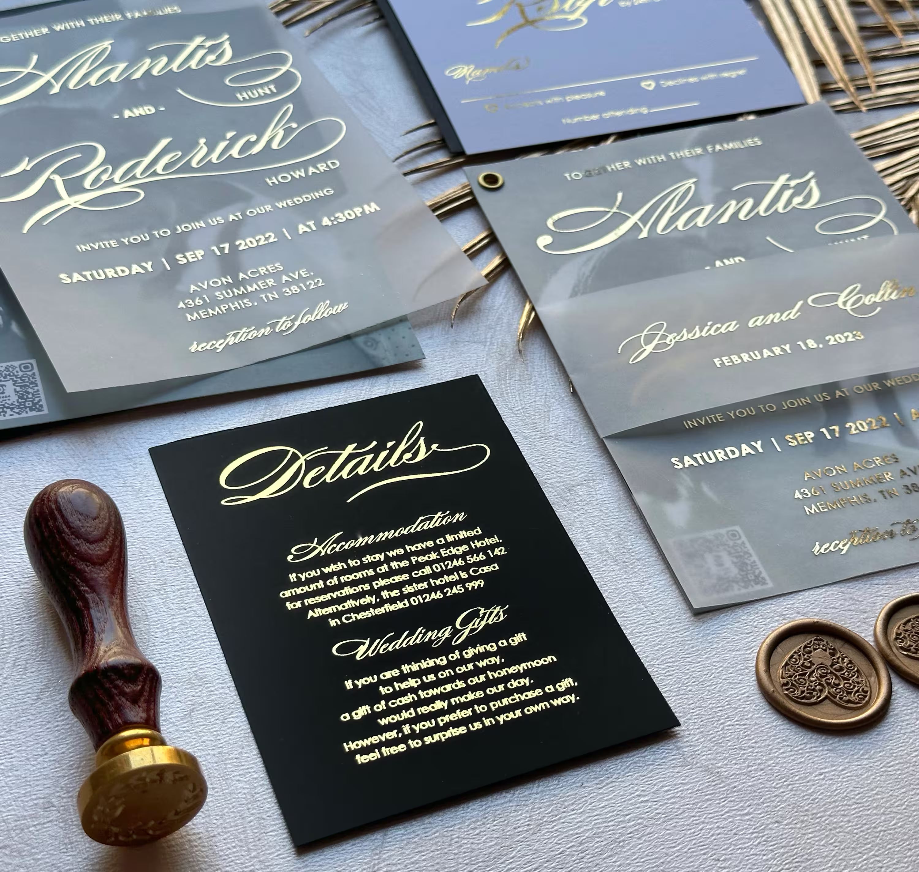 Modern wedding invitation with photo, foiled vellum, custom cardstock and elegant calligraphy
