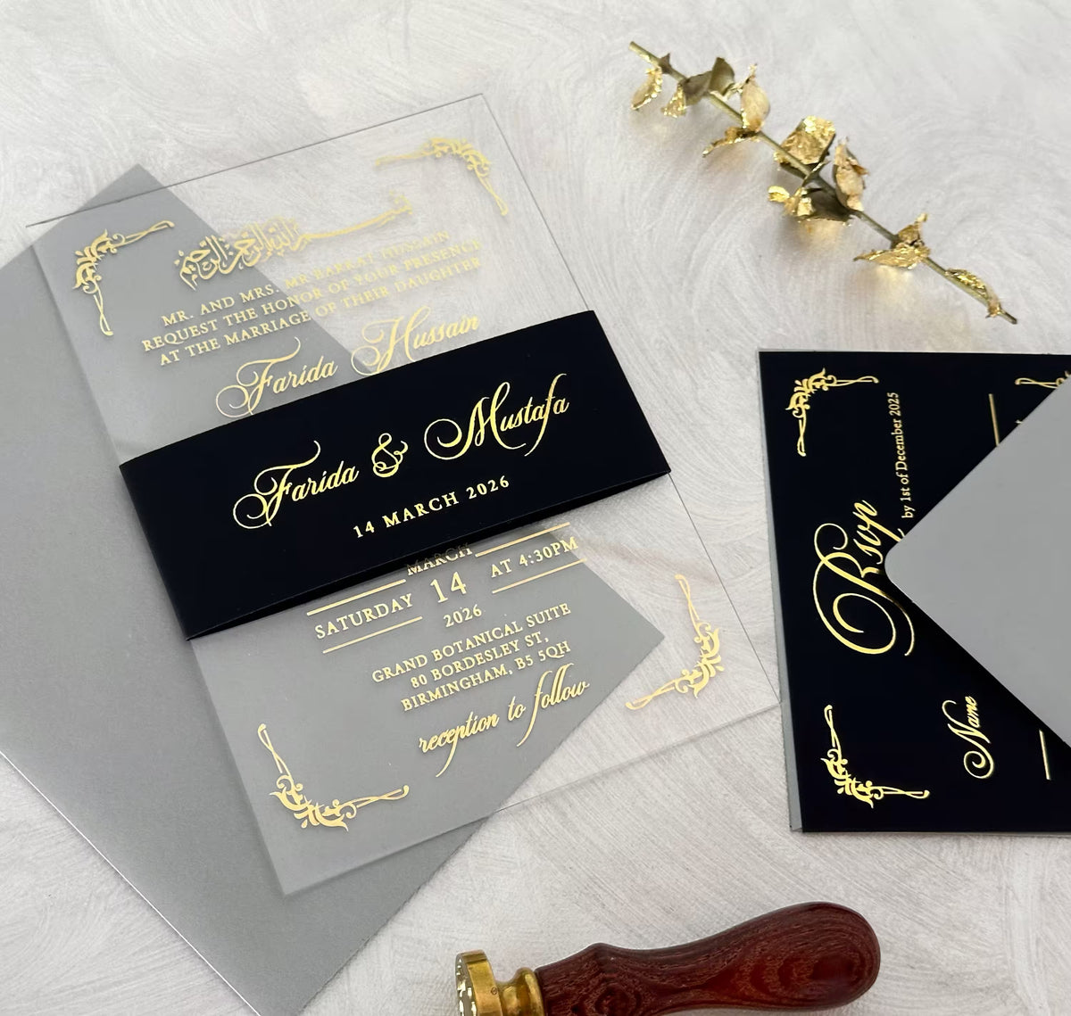 Muslim wedding invitation suite with optional details card showing the order of the day