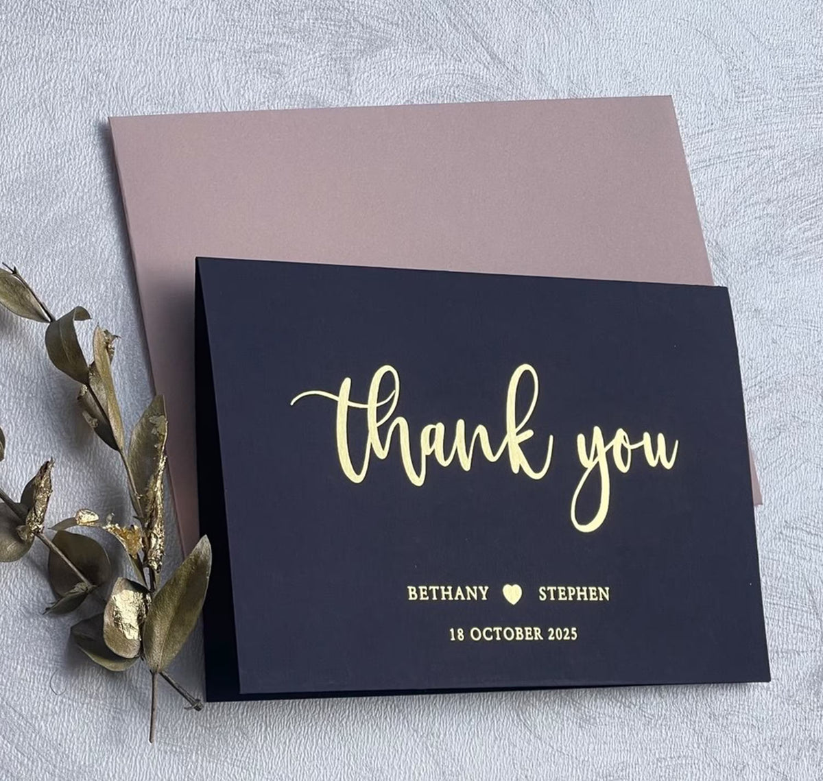 Navy personalized wedding thank you card with foil lettering