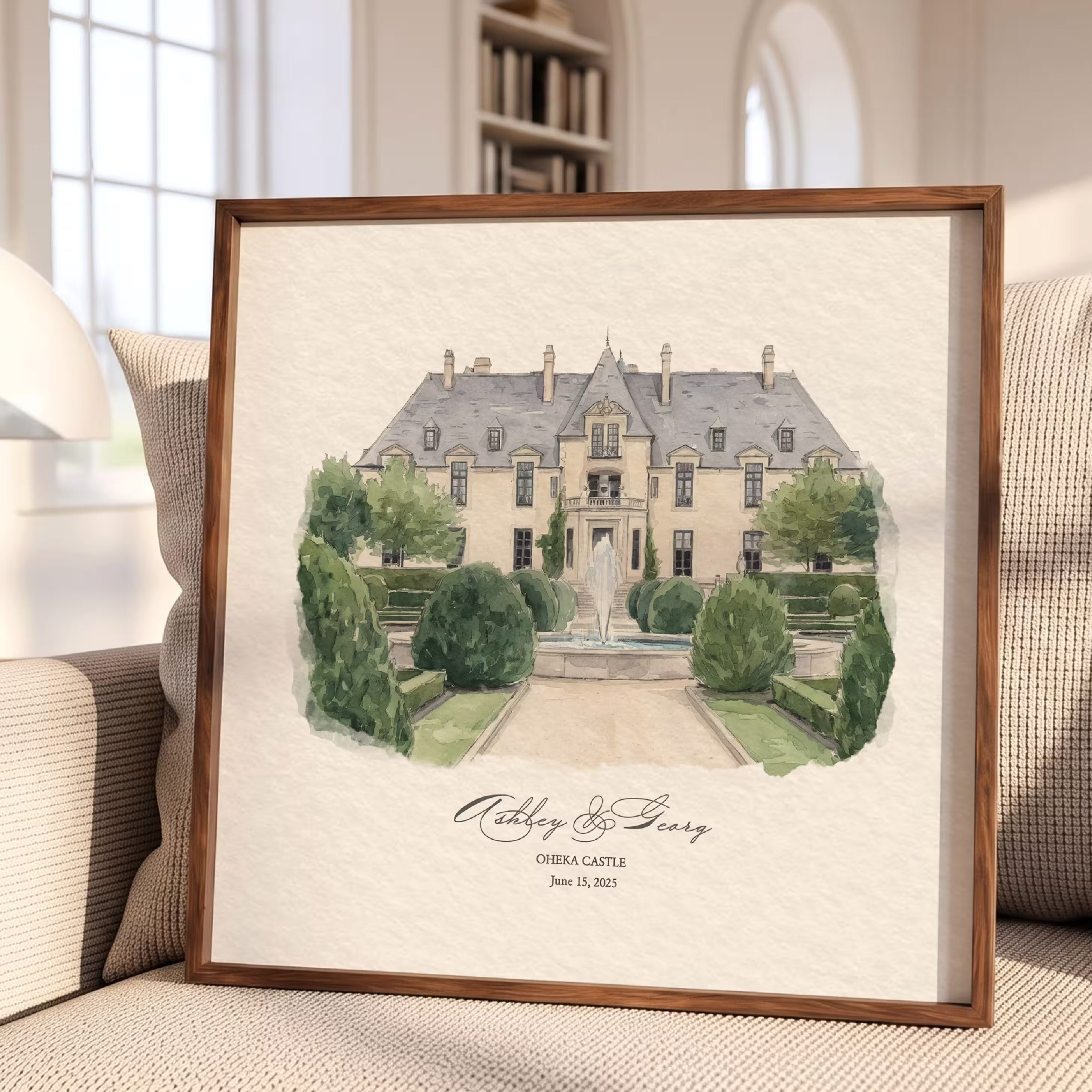 Minimalist watercolor portrait of Oheka Castle, a French style chateau with a fountain and formal gardens, in a walnut frame. Created from your photo and personalized with the couple names and wedding date, a paper first anniversary gift.