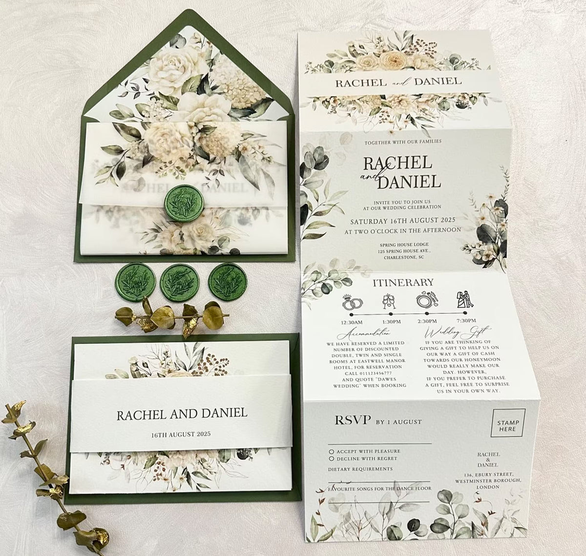 Concertina wedding invitations all in one suite with floral envelope liner and vellum jacket