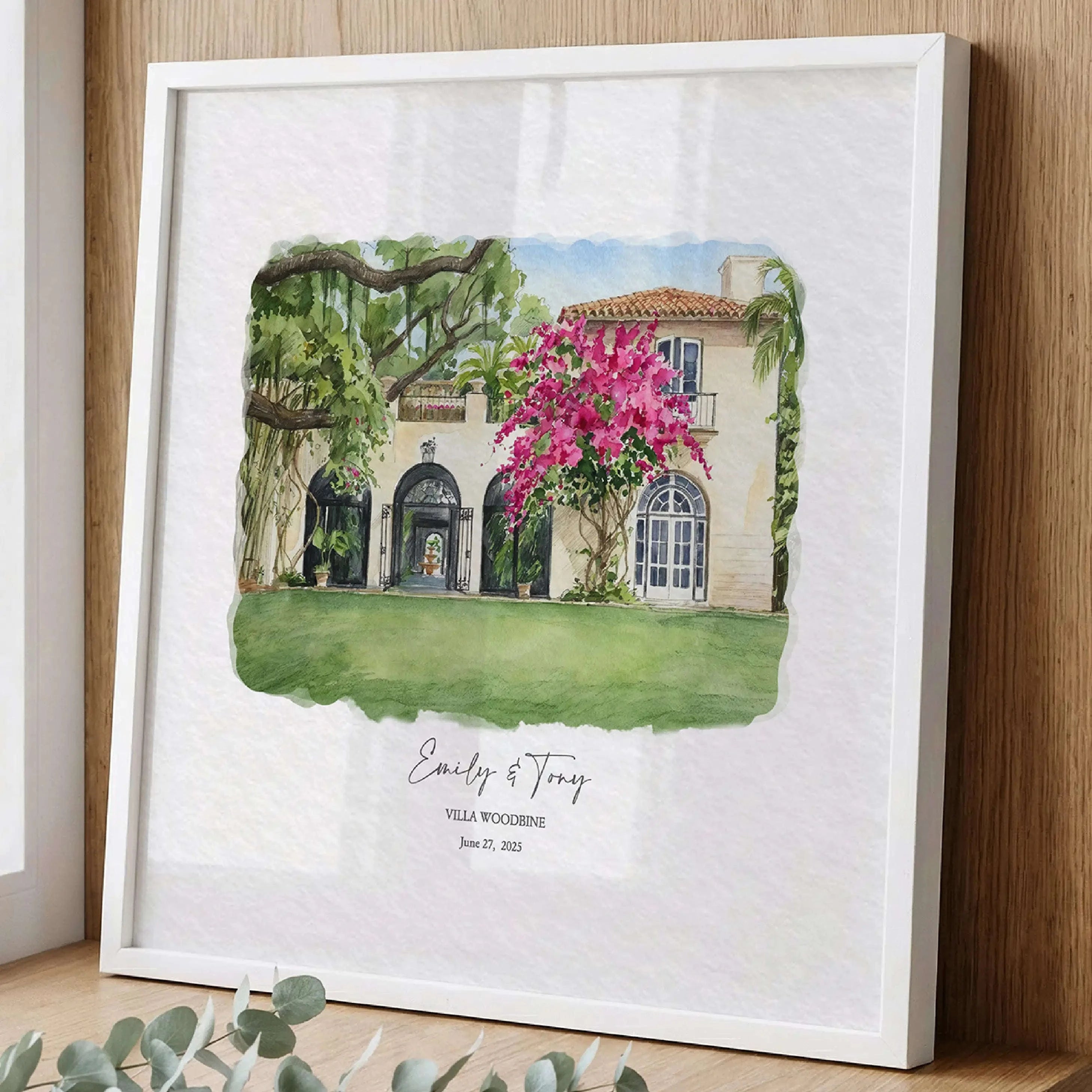 One year wedding anniversary gift featuring a custom Villa Woodbine venue portrait.