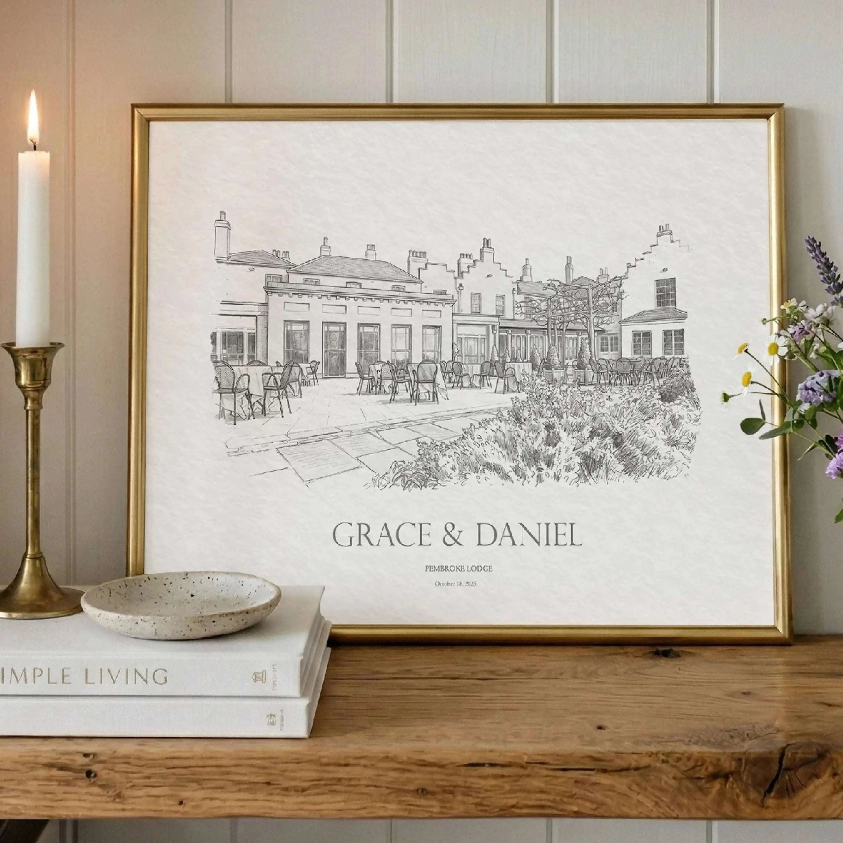 Architectural pencil drawing of Pembroke Lodge wedding venue in Richmond Park, London, showcasing the elegant Georgian building in a refined hand-sketched style.