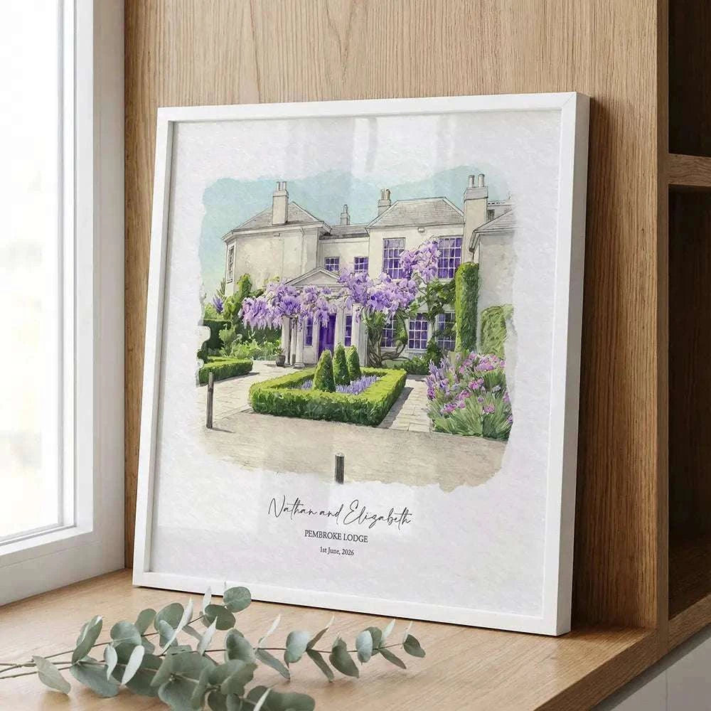 Personalized watercolor portrait of Pembroke Lodge in Richmond Park, London, a romantic wedding venue captured as elegant custom artwork inspired by a special celebration.