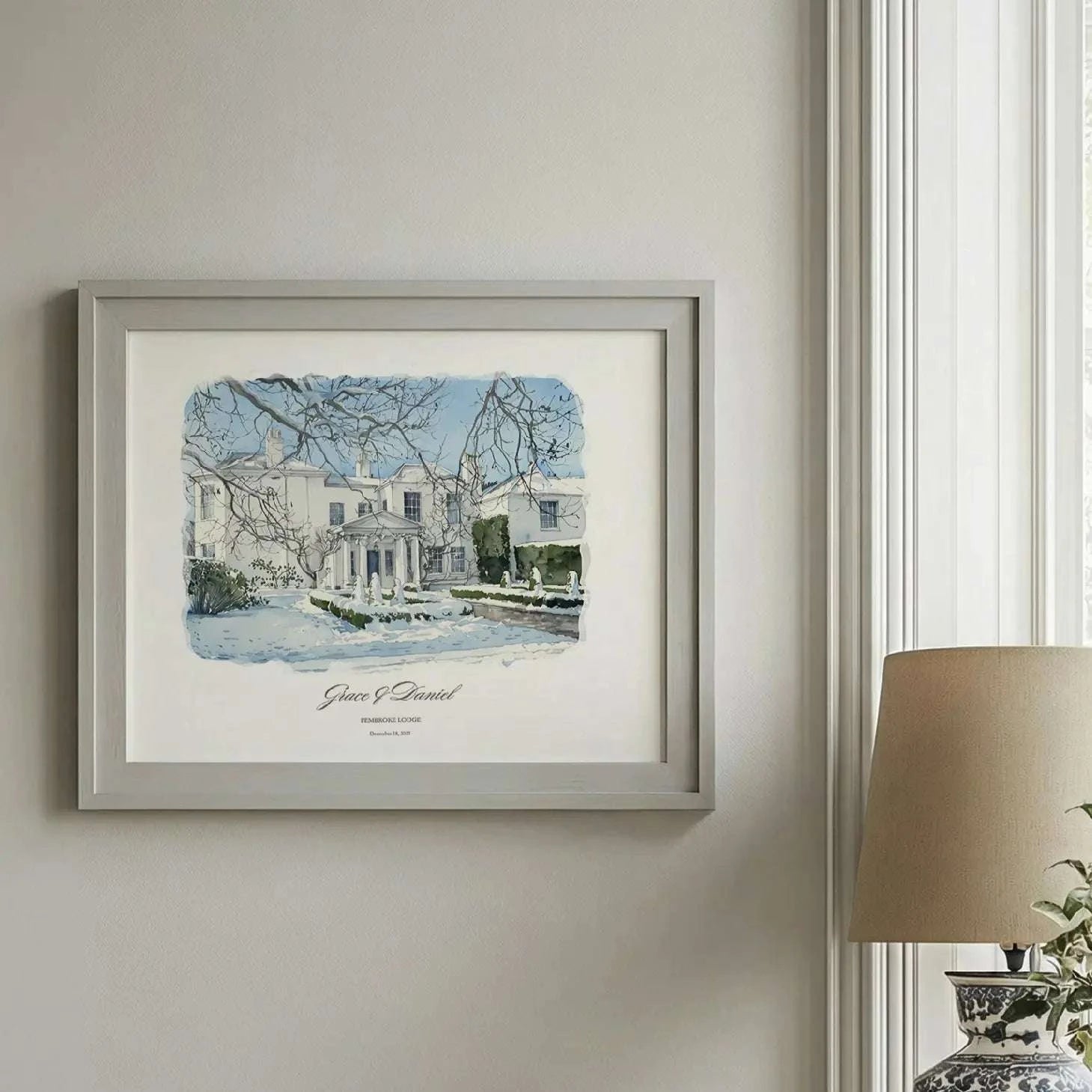 Personalized winter watercolor portrait of Pembroke Lodge wedding venue in Richmond Park, London, capturing the historic mansion in a beautiful snow-covered setting.