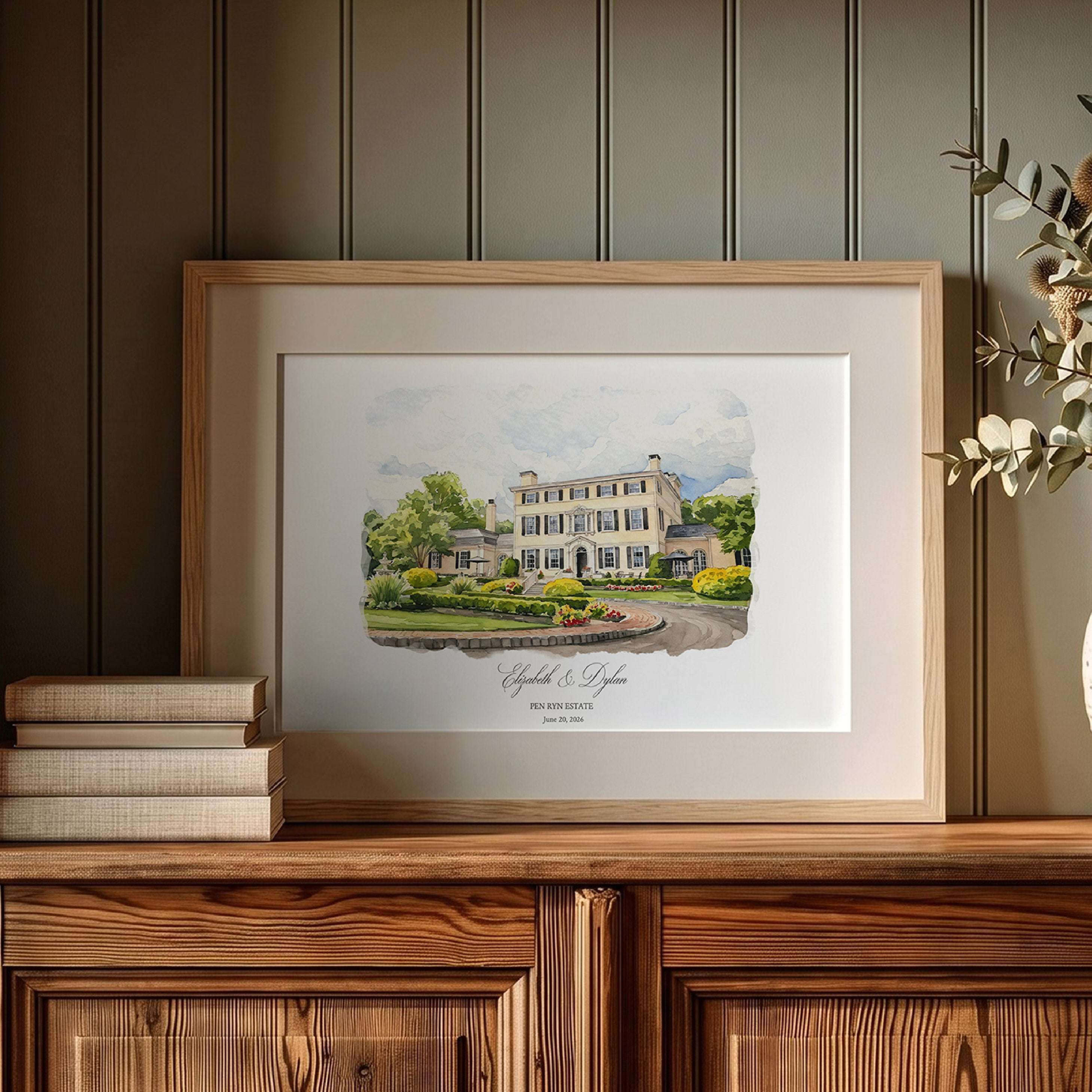 Custom Pen Ryn Estate wedding venue portrait in refined watercolor style with elegant landscaping and classic estate architecture.