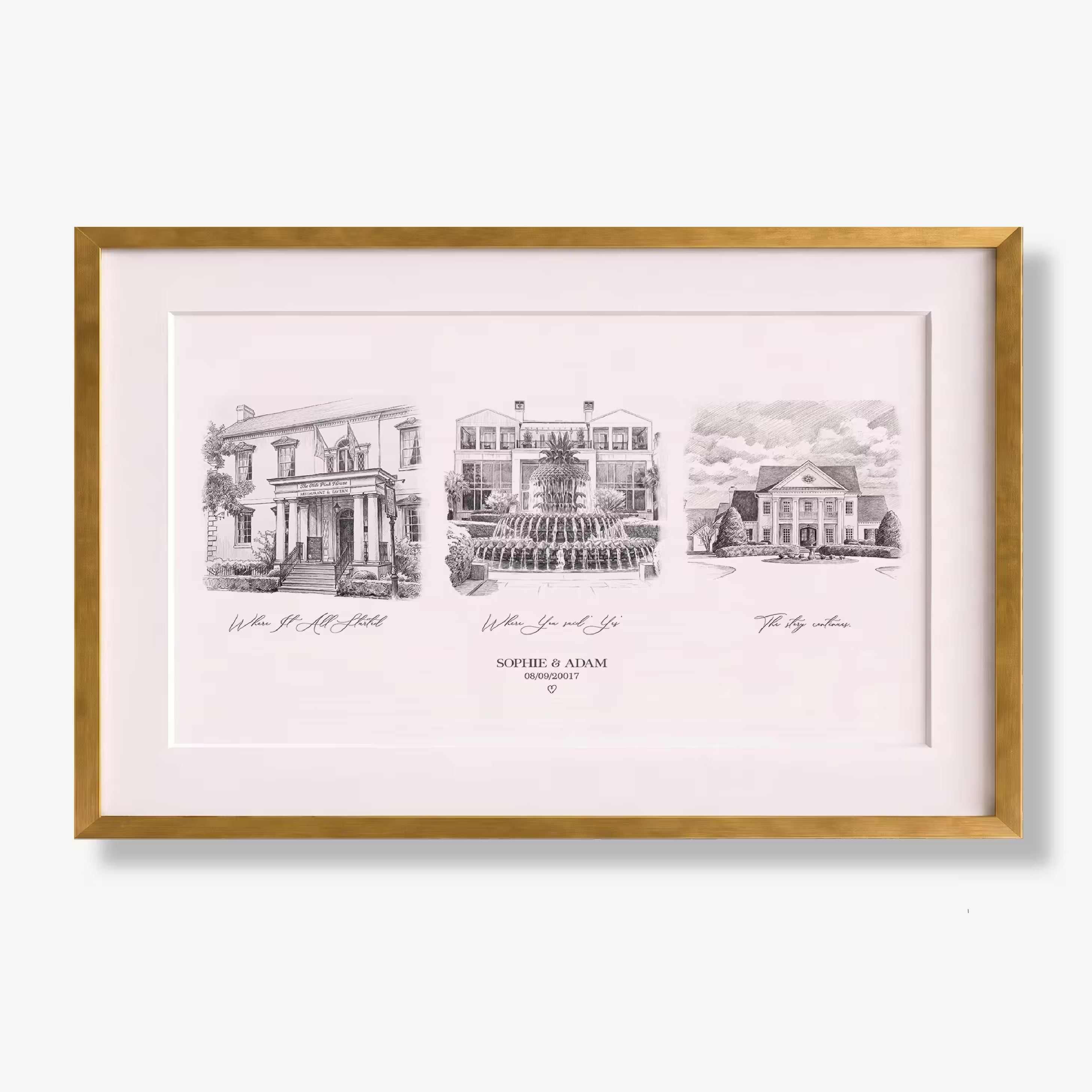 Personalized pencil sketch love story print in a light wood frame, three graphite scenes of a tavern, a coastline, and a mansion with the words Where It All Started, Where You Said Yes, and The Story Continues, created from your photos, an anniversary gift for couples
