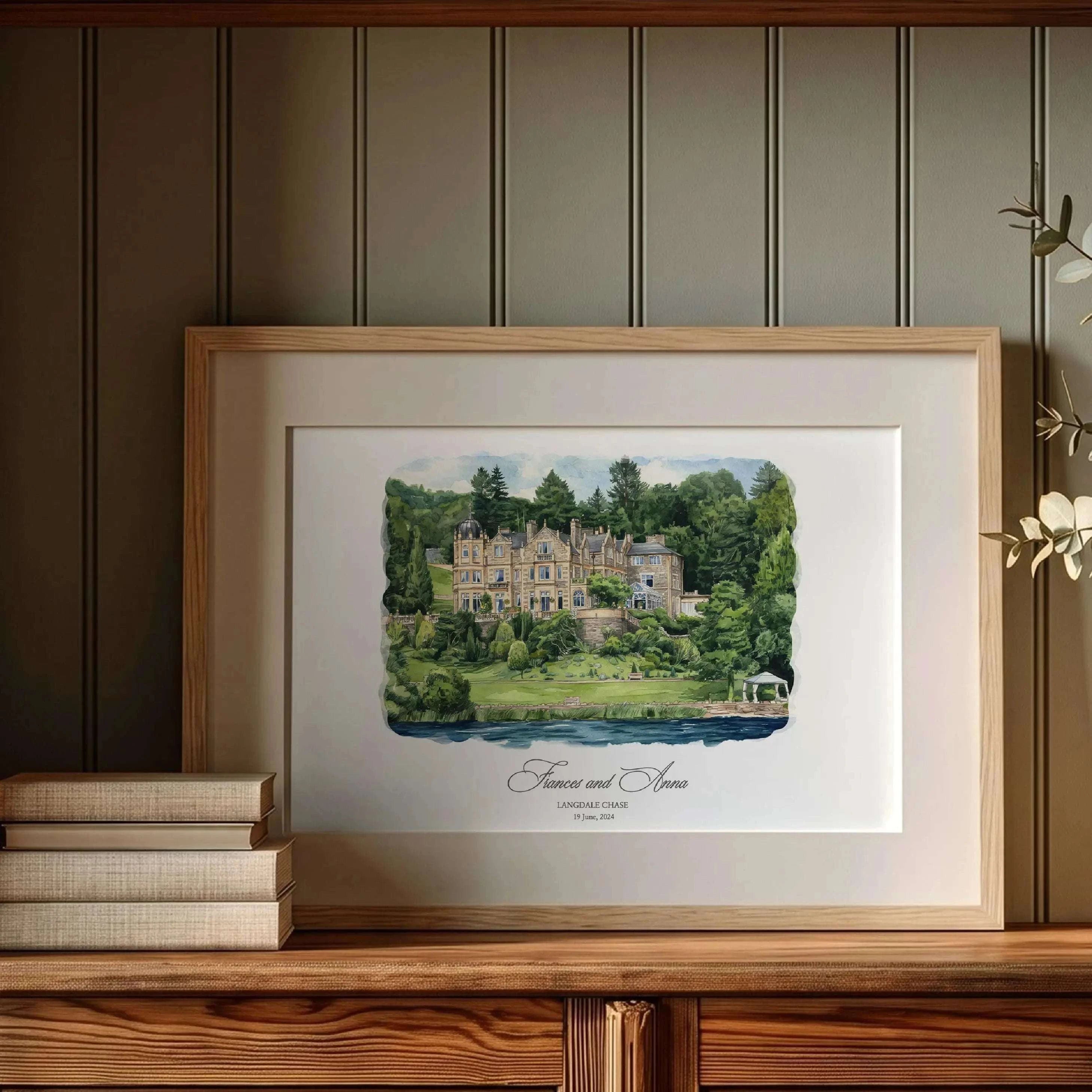 Luxury watercolor wedding venue artwork inspired by Langdale Chase hotel