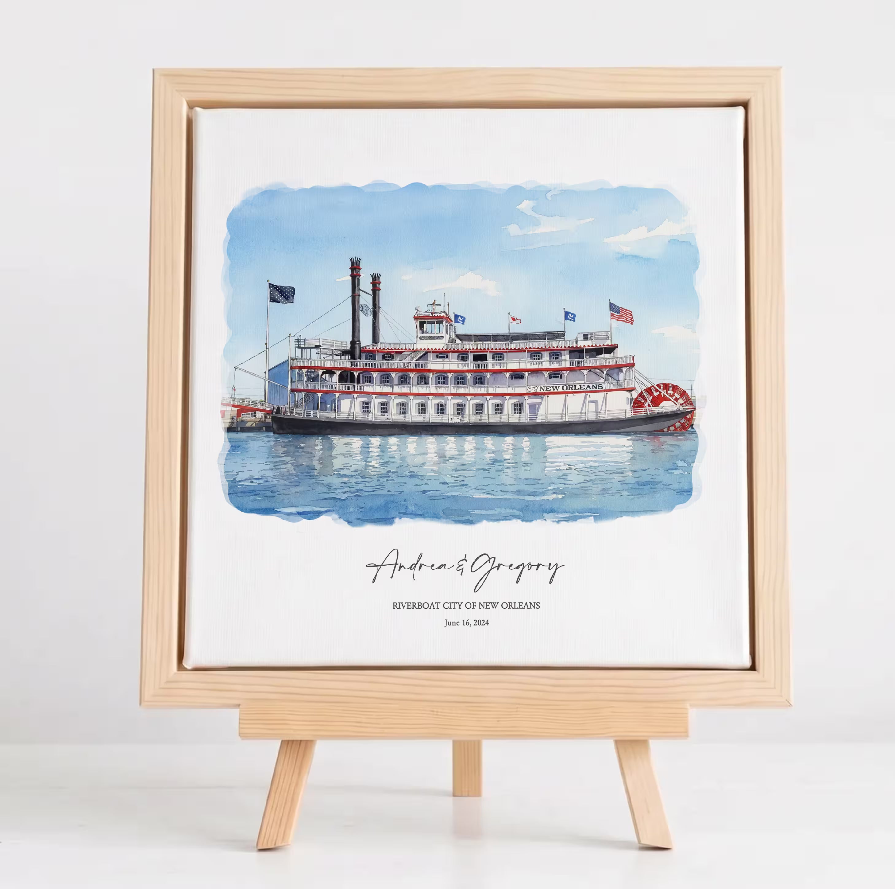 Personalized one year anniversary gift, Riverboat City of New Orleans wedding venue in watercolor on canvas in a natural wood floater frame