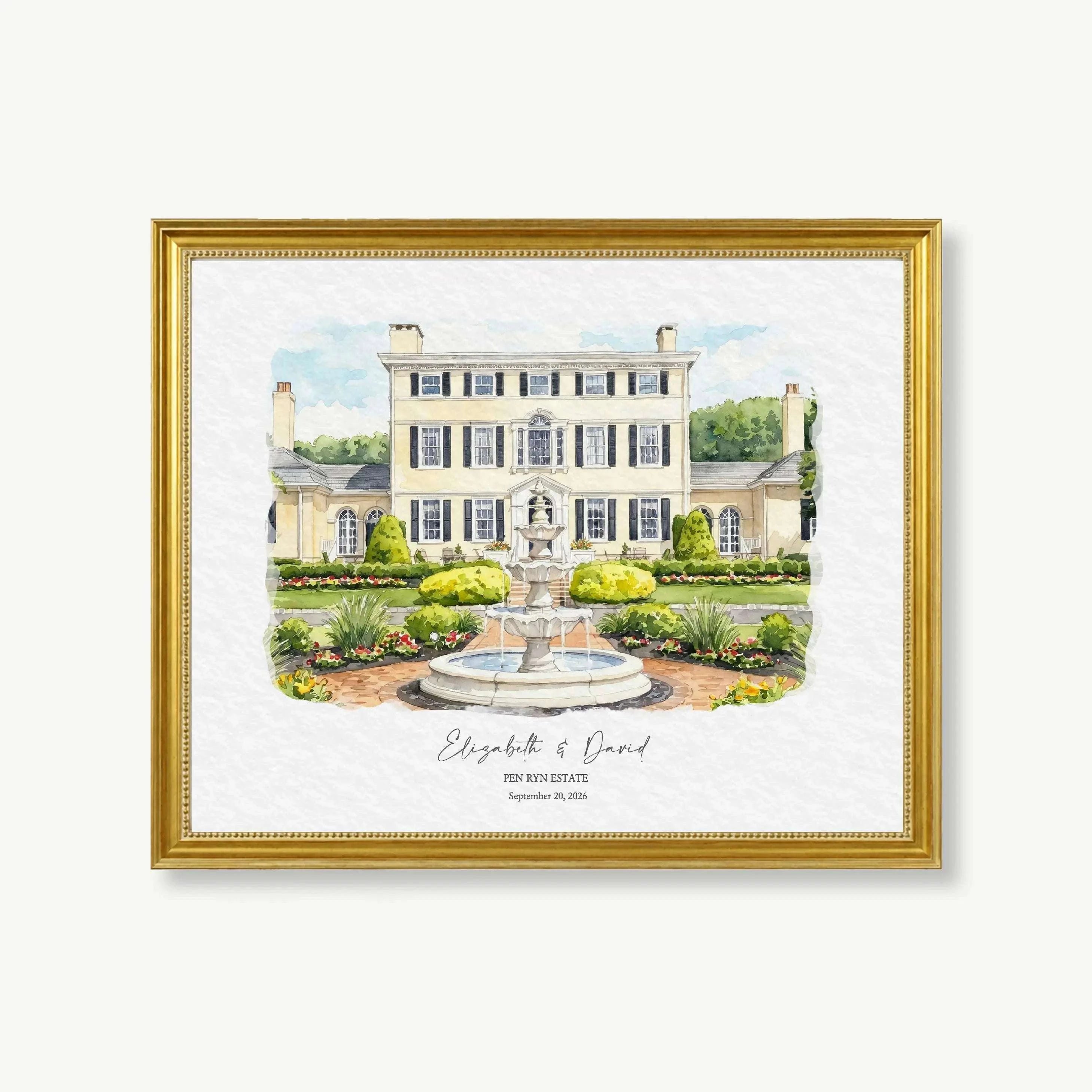 Personalized watercolor portrait of Pen Ryn Estate featuring elegant garden architecture and fountain courtyard, created as custom wedding venue artwork.