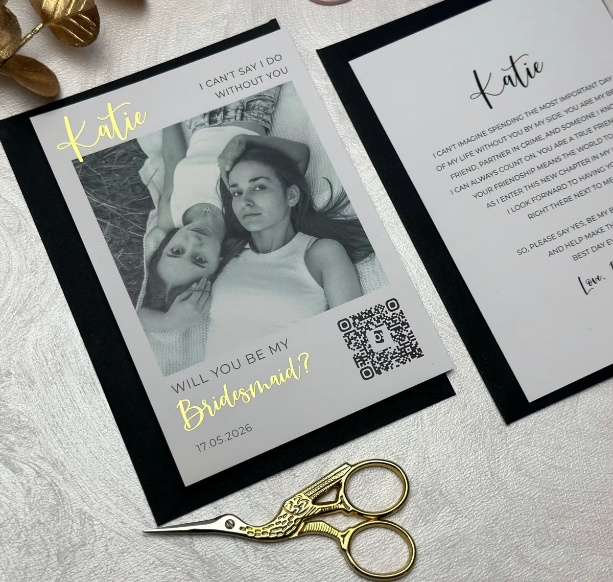 Personalized photo proposal card with a custom message and coordinating foil details.